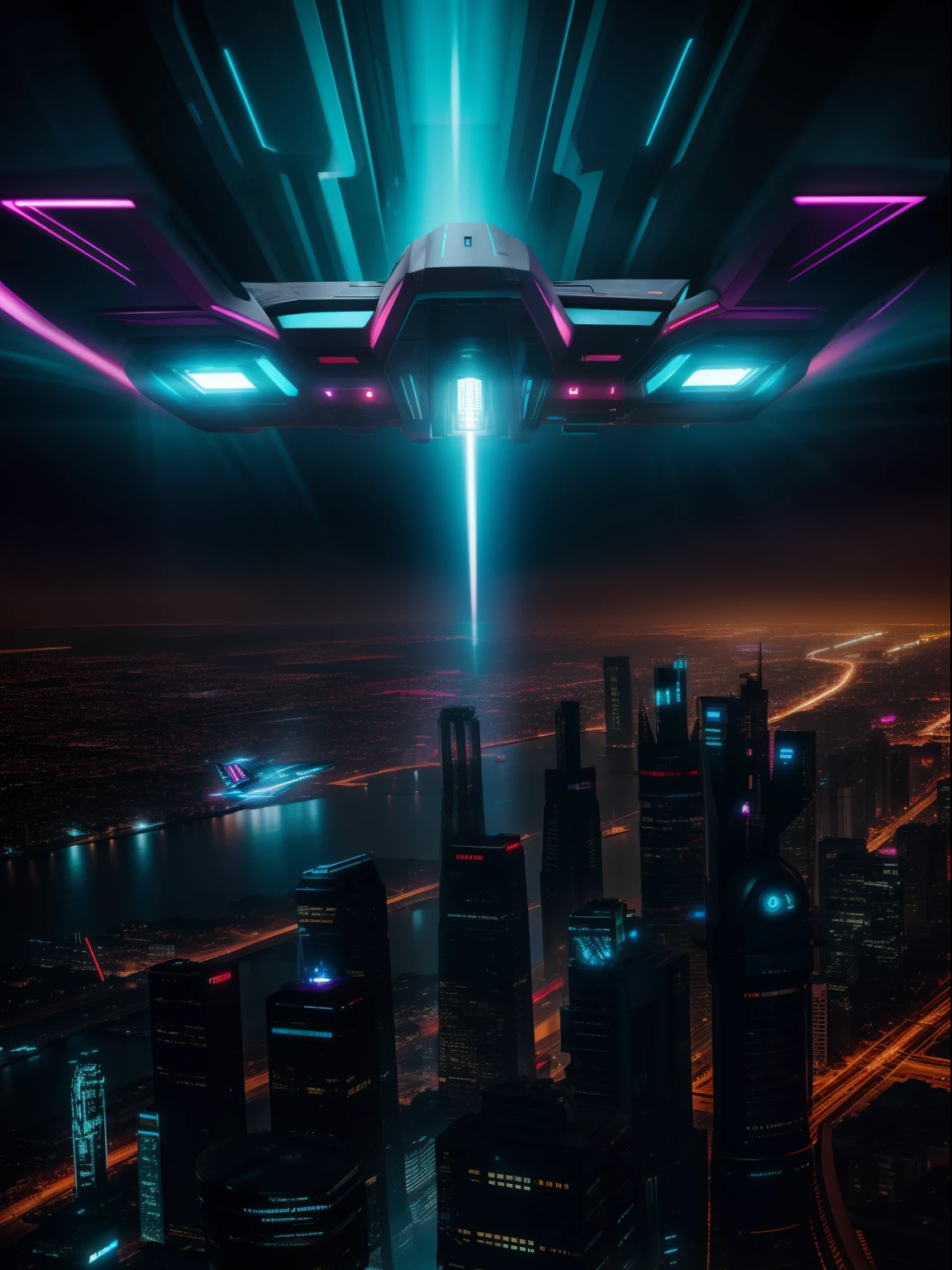 tarships flew over the city, Cyber punk style, Large thruster, Surrealism, Verism, glowing light, chiaroscuro, cinematic lighting, depth of field, f/1.8, Sony FE, 35mm, UHD, super detail, high details --stylize 500 --quality .25 --chaos 100