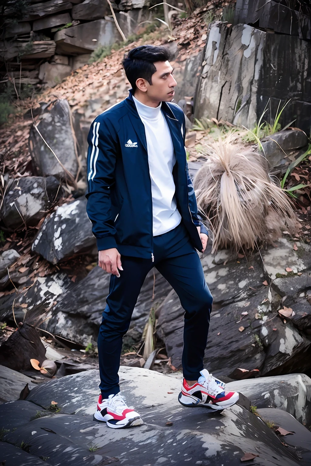 arafed man standing on a rock in front of a rocky wall, wearing adidas clothing, full body photogenic shot, man in adidas tracksuit, full body portrait shot, mid shot portrait, chappie in an adidas track suit, mohamed chahin style, standing on rocky ground, wearing a track suit, profile shot, full body photograph, cinematic full body shot bulky body nice body looks like a bodybuilders wearing nice suit ,wearing navy blue suit