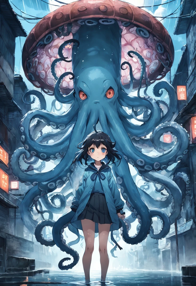 ((best quality)), ((highly detailed)), absurdres, (detailed eyes),1girl,20 years old,solo,long hair,Dark purple hair,(((white shirt,black standart tie,black skirt))),dynamic pose, cowboy shot, (((scylla))), (((octopus girl))), standing, (tentacles:1.33), (suction cups:1.33), (fused:1.33), ((tentacle legs)), squidlegs, ((underwater,sea,night)),leaning forward, serious,