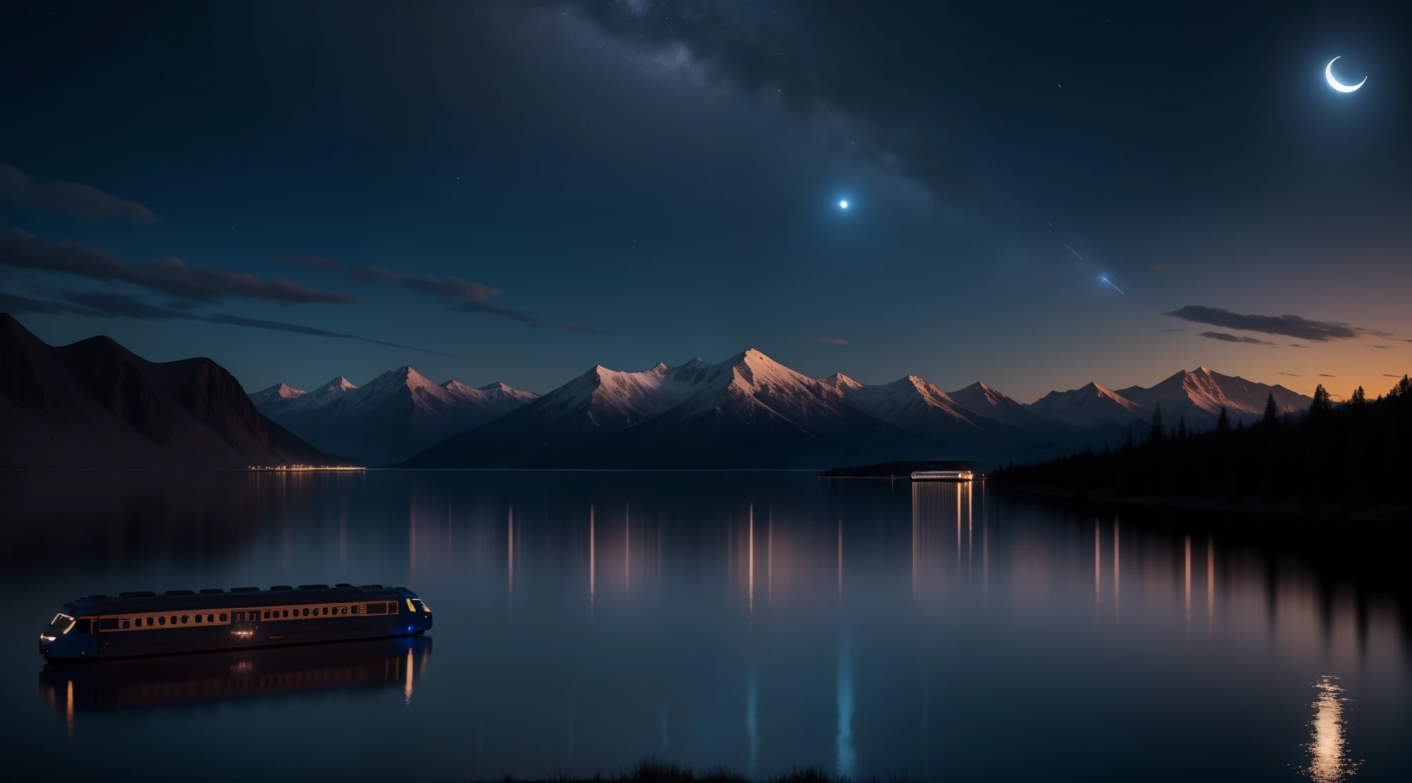 The moon fell, Blue, You can see fantastic seven-colored stars on the lakeside. Distinctive features include:。:、, A train shining in the night sky. 8kReality.