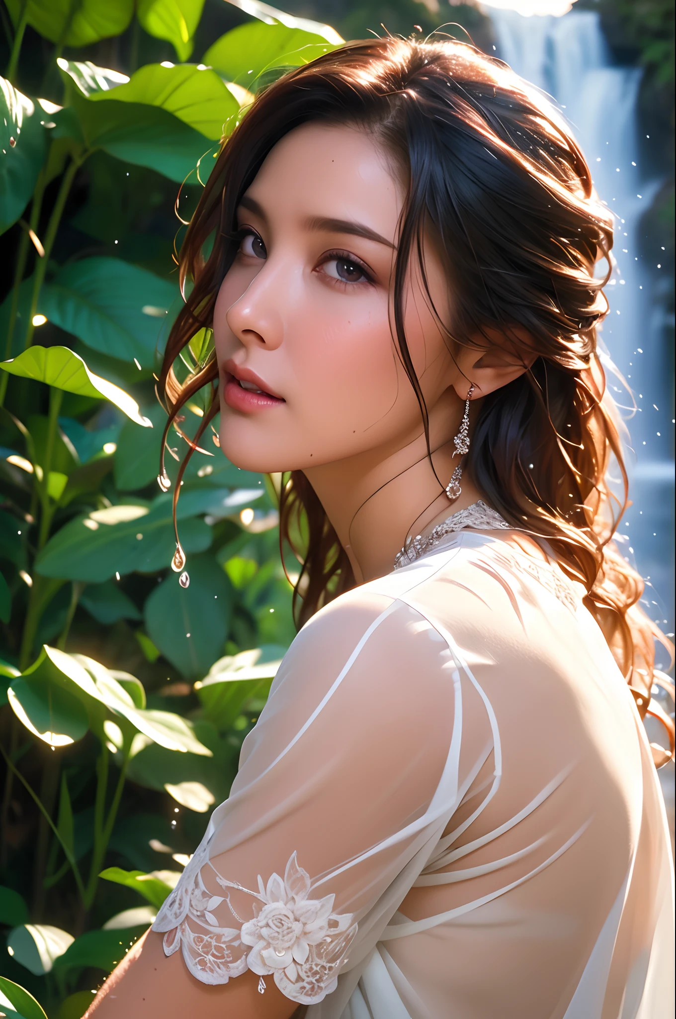 a woman doing tempting pose at waterfall , tropical, waterfall, plants, trees, paradise, wet hair, sensual expression, professional photography, dynamic angle shot, film grain, bokeh, ray tracing, dynamic lighting, tilt camera, wet face, wet hair, wet body, shiny skin, cowboy shot, wet t-shirt, arms behind head,
(((masterpiece))), ((best quality)), ((intricate detailed)), ((Hyperrealistic)), absurd res, milf, mature woman, perspective, highly detailed, illustration, 1girl, huge breasts, perfect hands, detailed fingers, beautiful detailed eyes, long hair, brown eyes, nametag, CEO, (wet shirt:1.2), bikini, see-through , white t-shirt, cleavage, flower on ear, necklace , detailed background, perfect eyes, seductive eyes, looking at the viewer, from front