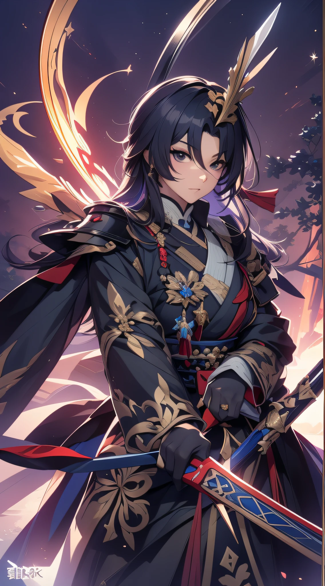 anime figure,Dark villain,Handsome face,The samurai held a sword, Wearing contrasting armor, full portrait of magical knight,the original god, demon anime girl, fantasy paladin man, Dragon Knight,Spread your black feathered wings and move Genshin Impact, Anime 8 k, Anime fantasy illustration, Genshin Impact, Shock character, Detailed key anime art, Ayaka Genshin impact, onmyoji portrait,Close-up of holding a sword, Manga epic artwork, Epic fantasy digital art style,Epic fantasy art style, 8K high quality detailed art, Epic fantasy art style HD, Faraway view,Golden glowing magic array behind him,Purify the flame,HD anime visuals,full portrait of magical knight