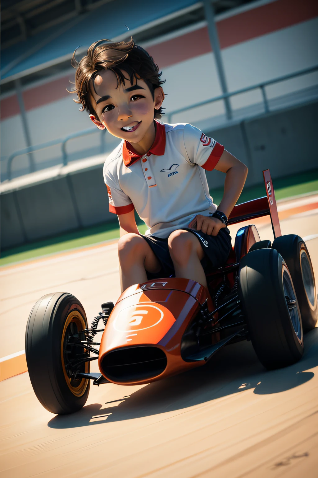 criar imagem de um garoto estio desenho animado walt disney, 9--old a Formula 1 track