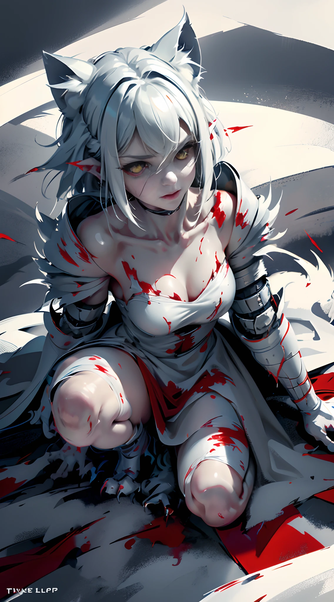 Vicious white cat,Dull yellow eyes,Extreme body detail close-up,White fangs,Sharp claws,Lie on the ground,blood-stained armor,The armor is tattered,Blood dripping,Blood dripped from the corners of the mouth,True blood,Full body like,Prepare to pounce upwards,wlop