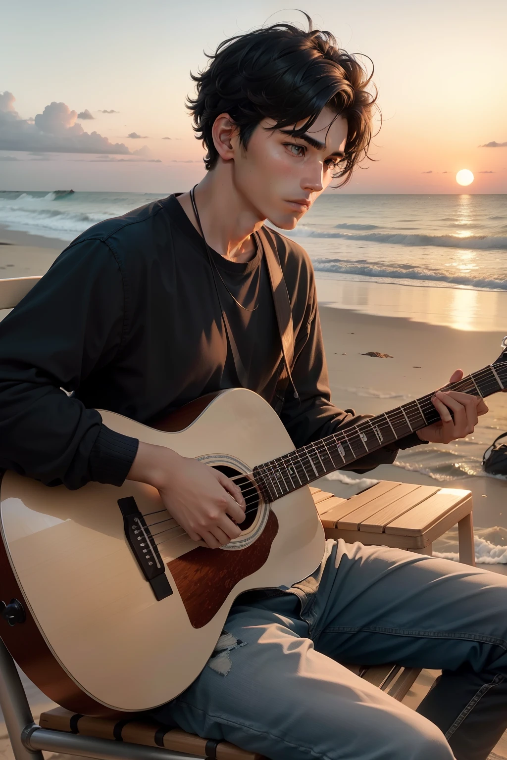 A 20-year-old young man with short black hair, sitting facing the sea in a beach chair, alone, during a late afternoon, playing the guitar and watching the sunset, in a realistic image
