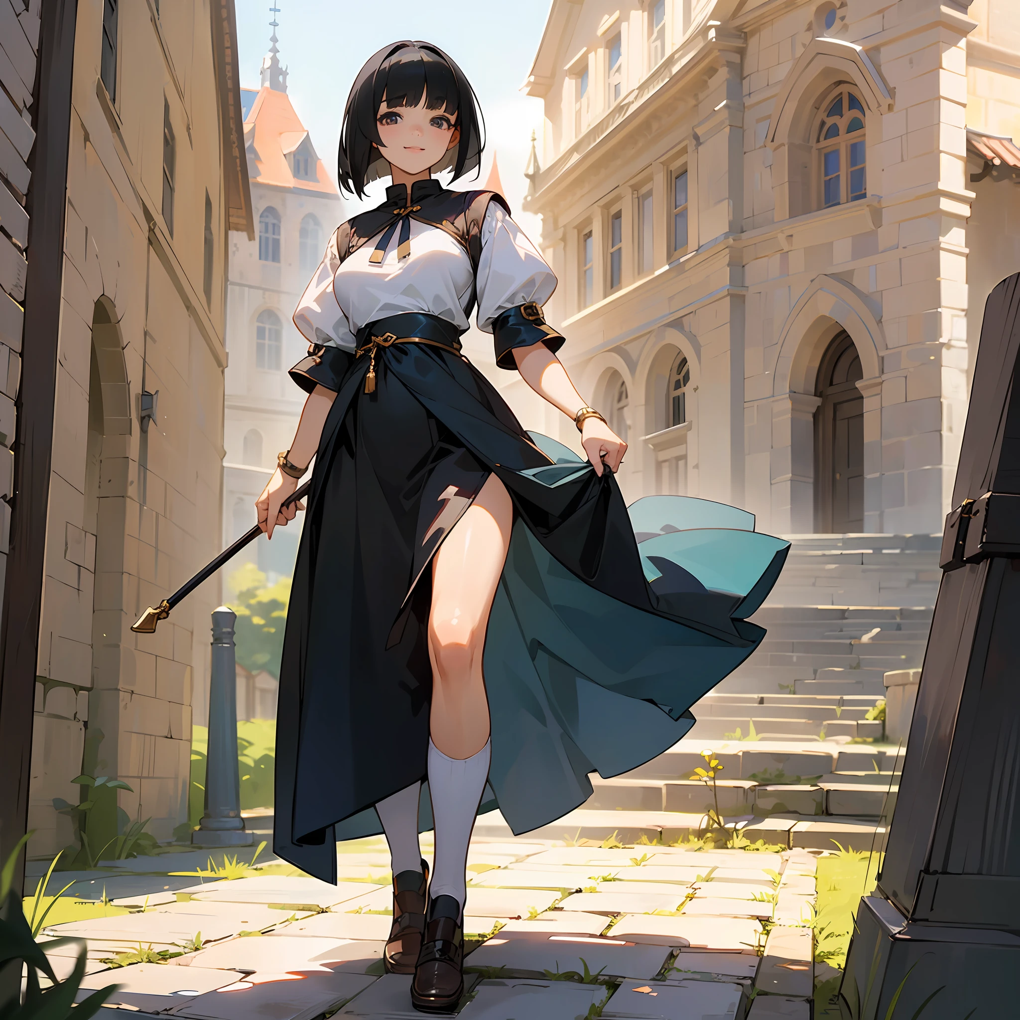 With the best image quality、Teenage girl standing alone outdoors。In high resolution、Beautiful fine details、tranquil atmosphere。(((Black Hair Bob Hair)))、Cute smile。((breasts are large))、I don't have anything in my hands、realistic hand、Medieval European national costume with short sleeves、Medieval European Streets、Leather shoes。