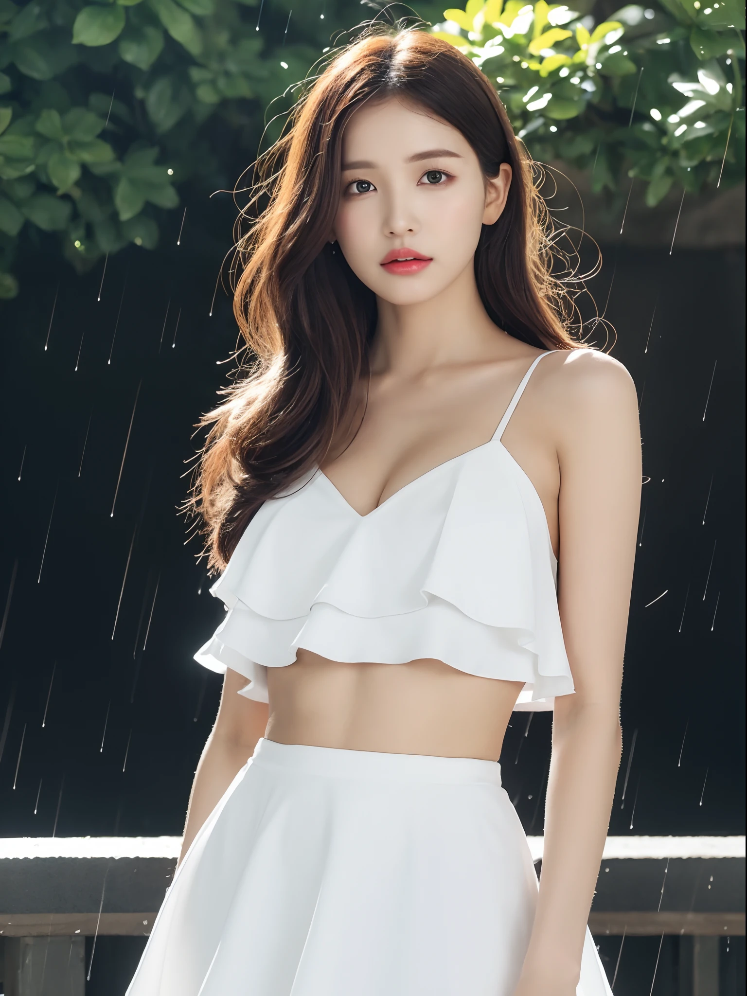 ((Best Quality, 8k, Masterpiece: 1.3)), Focus: 1.2, Perfect Body Beauty: 1.4, Buttocks: 1.2, ((Layered Haircut, Flat Chest: 1.2)), (Rain, Street:1.3), Bandeau Dress: 1.1, Highly Detailed Face and Skin Texture, Fine Eyes, Double Eyelids, Whitened Skin, Long Hair, (Shut Up: 1.3), Full Body