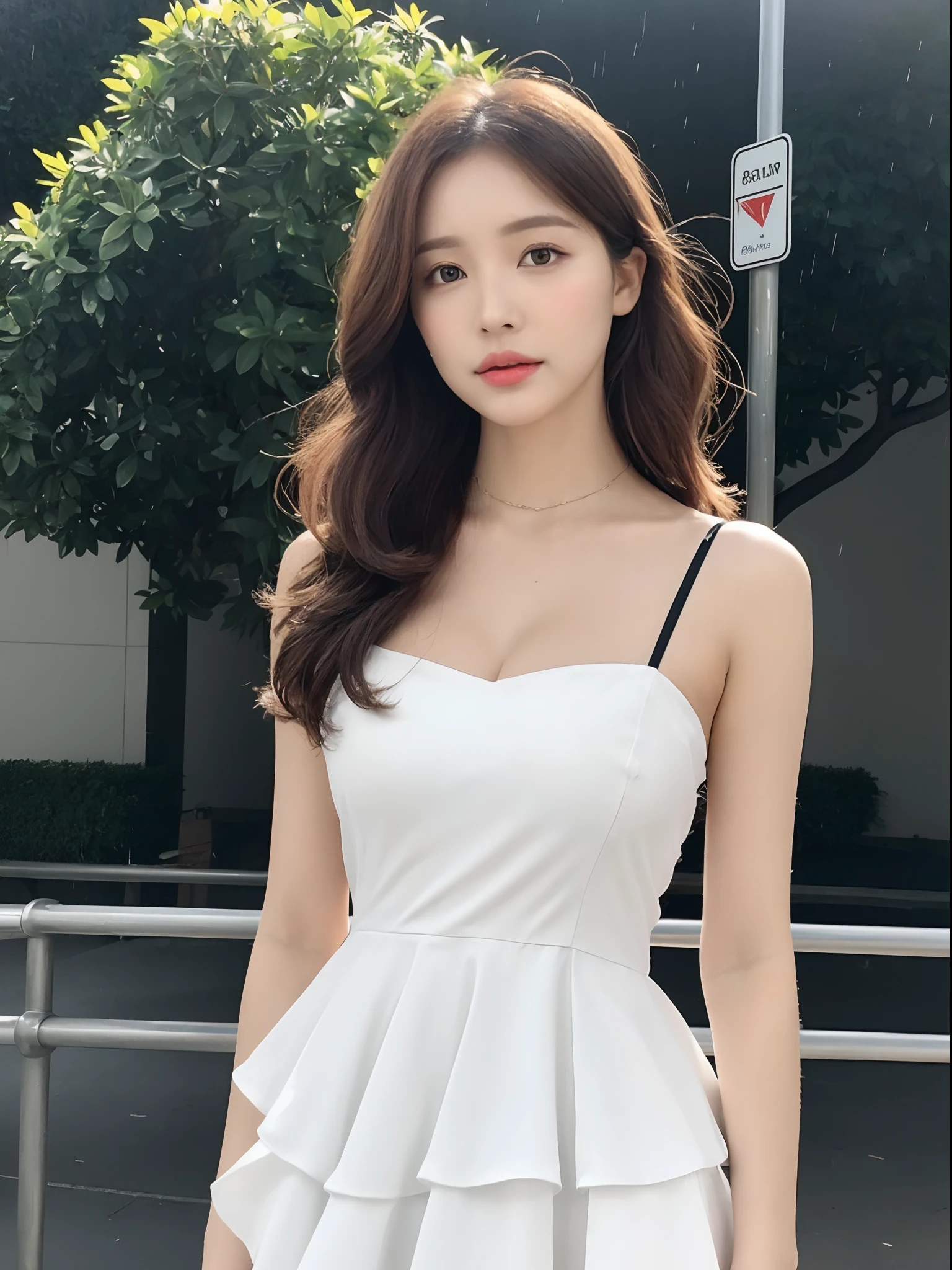((Best Quality, 8k, Masterpiece: 1.3)), Focus: 1.2, Perfect Body Beauty: 1.4, Buttocks: 1.2, ((Layered Haircut, Flat Chest: 1.2)), (Rain, Street:1.3), Bandeau Dress: 1.1, Highly Detailed Face and Skin Texture, Fine Eyes, Double Eyelids, Whitened Skin, Long Hair, (Shut Up: 1.3), Full Body