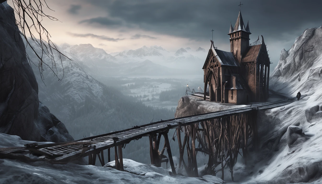 Medieval creepy monastery on top of a snowy mountain with fog and snow. Bridge of ropes and wood to reach it with an abyss below. gothic style painting. Evil is present and horror is in the late afternoon