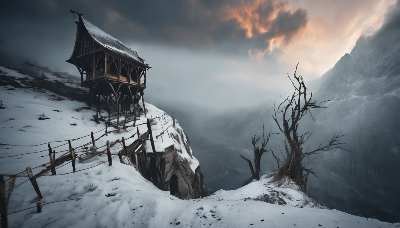 Medieval creepy monastery on top of a snowy mountain with fog and snow. Bridge of ropes and wood to reach it with an abyss below. gothic style painting. Evil is present and horror is in the late afternoon