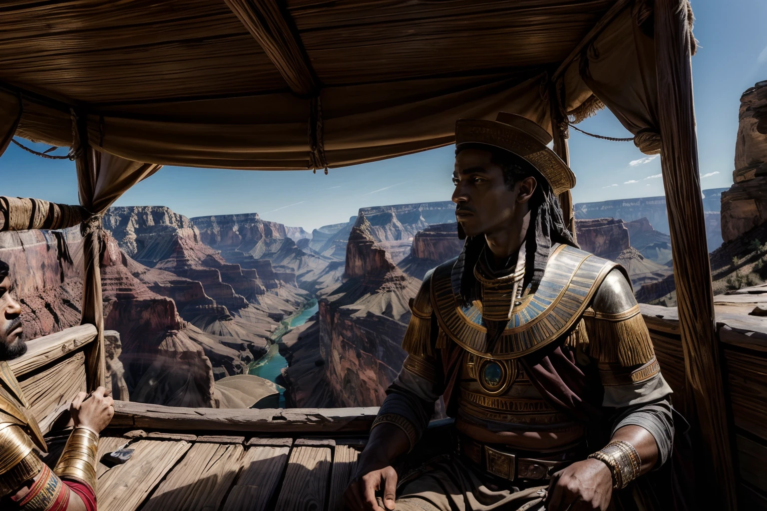 masterpiece, Highly detailed, super realistic, detailed background, bright Lighting, Daylight,
2mens,(20 years old Ancient Egyptian dark skin merchants),
(Two young merchants in a covered wagon traveling at the bottom of the Grand Canyon),