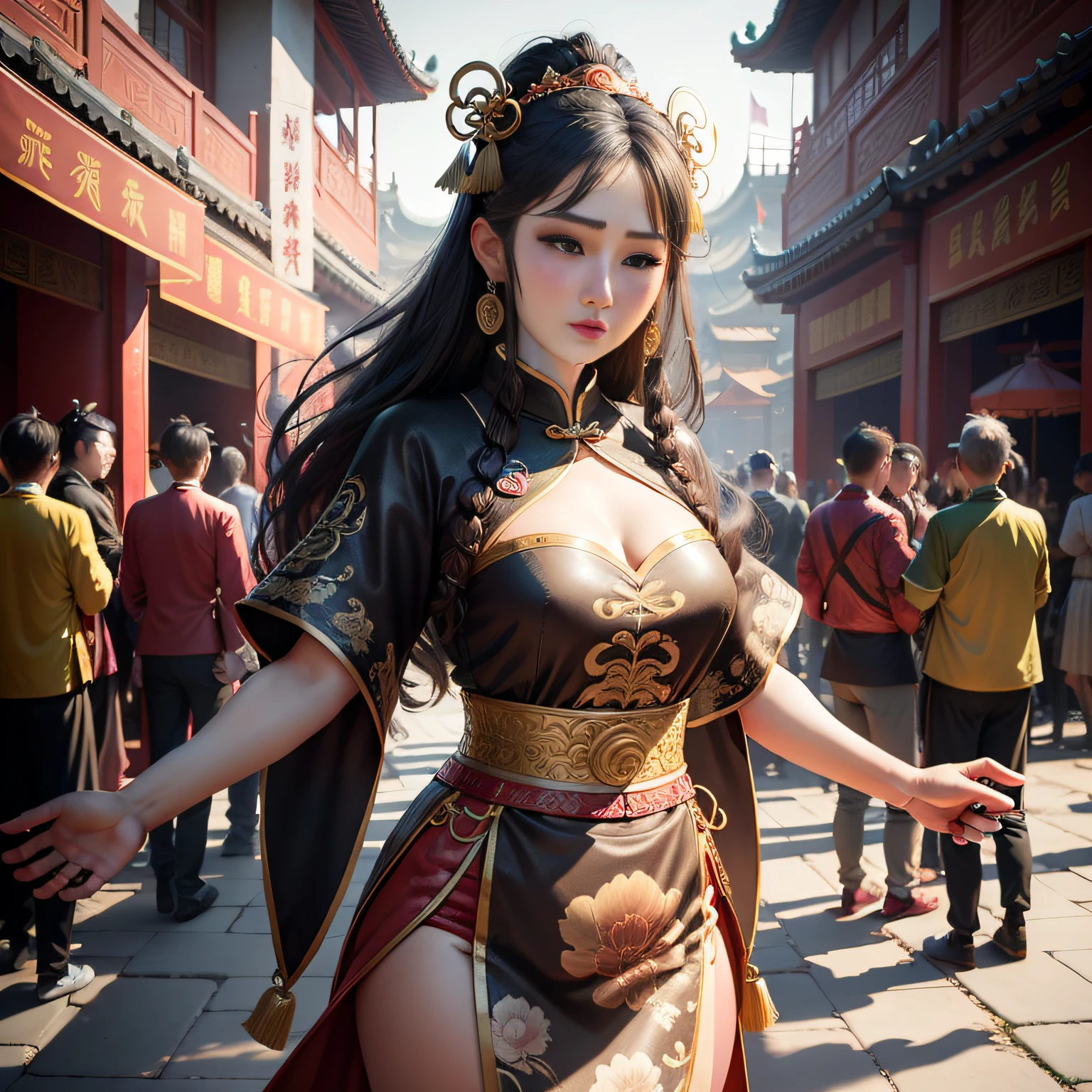 tmasterpiece，A high resolution，8K，absurd res，Complex scenes，Detailed content，CG animation，Street view of the Tang Dynasty, China，From the Chinese mythological story Qixi Festival，Lively scene，