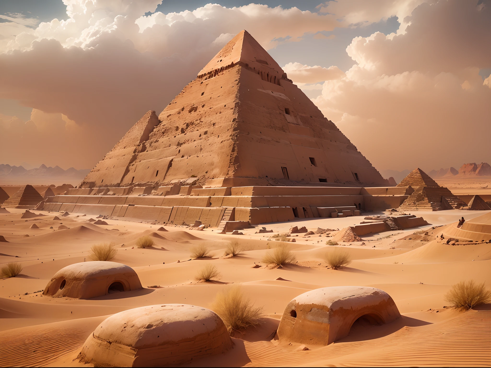 (Majestic echoes of history:1.3) The iconic pyramids rise against the Egyptian horizon, (monolithic structures piercing the sky:1.2), (crafted by ancient hands with unwavering precision:1.2), (captured through the lens of timelessness:1.1), (aspect ratio 2:3, framing the pyramids' grandeur:1.1), (bathed in the warm embrace of the desert sun:1.2), (their enigmatic allure captivating the imagination:1.1), (a testament to human ingenuity and architectural marvels:1.1), (a photograph that invites you to walk in the footsteps of the ancients:1.1), (conjuring a sense of awe and reverence for these ageless wonders:1.1).