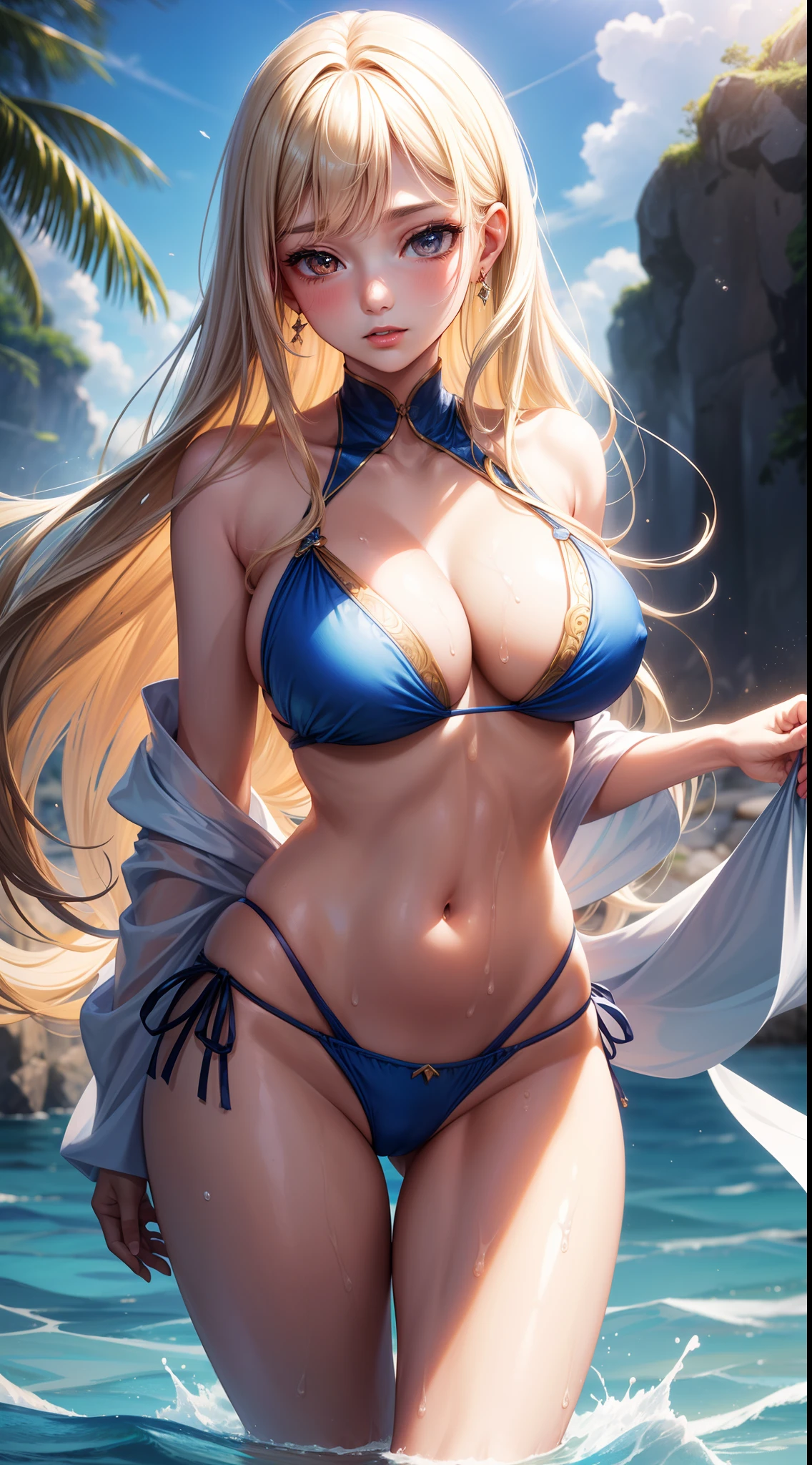 There is a woman in a blue bikini, Naughty Bikini, Japan Girl, Japan women, Japan style, shores, Glittering beaches, mare, Water splashes are flying, Awkward bikini, Obscene bikini, portrait photo, A Princess, Inspired by idols, Blonde goddess, beautiful brunette girl, oriental girl, master work, The highest image quality, hightquality, high detailing, 超A high resolution, 8K resolution, depth of fields, Cinematography, intricate detailes, Elaborate, meticulous, Magnificent, Maximum Detail, Extreme beauty, (((1girl in, Solo))), 18year old, Long hair, Multicolor Hair, White skin, Realistic, masutepiece, (The highest image quality), hightquality, high detailing, 超A high resolution, the panorama, Exquisite features, Perfect face, Glowing skin, Dreamy background, Women, Girls, angelicales, mini girls, goddes, bard, Shy, Surprise, shoulder-length hair, Golden hair, sharp and clear focus, three-dimensional silhouette, correct proportions, Realistic portrait, Face Close-up, a very temperamental beautiful girl, Slender figure, Exquisite facialres, long hair flowing, Black hair, extremely detailed hair description, (鎖骨), Perfect face, clean and flawless face, long eyelashes, shallow dimples, blush, watery big eyes crystal clear, delicate cream Glowing skin like skin, detailed skin details, CFG scale: 8,(Beautiful girl with big breasts and hair),(She wears a blue bikini、lips slightly apart,),(Because she stands surrounded by splashes of water、Her navel is visible), a dream-like atmosphere with vibrant colors and soft lighting,1girl in, Large breasts, Navel, Parted lips