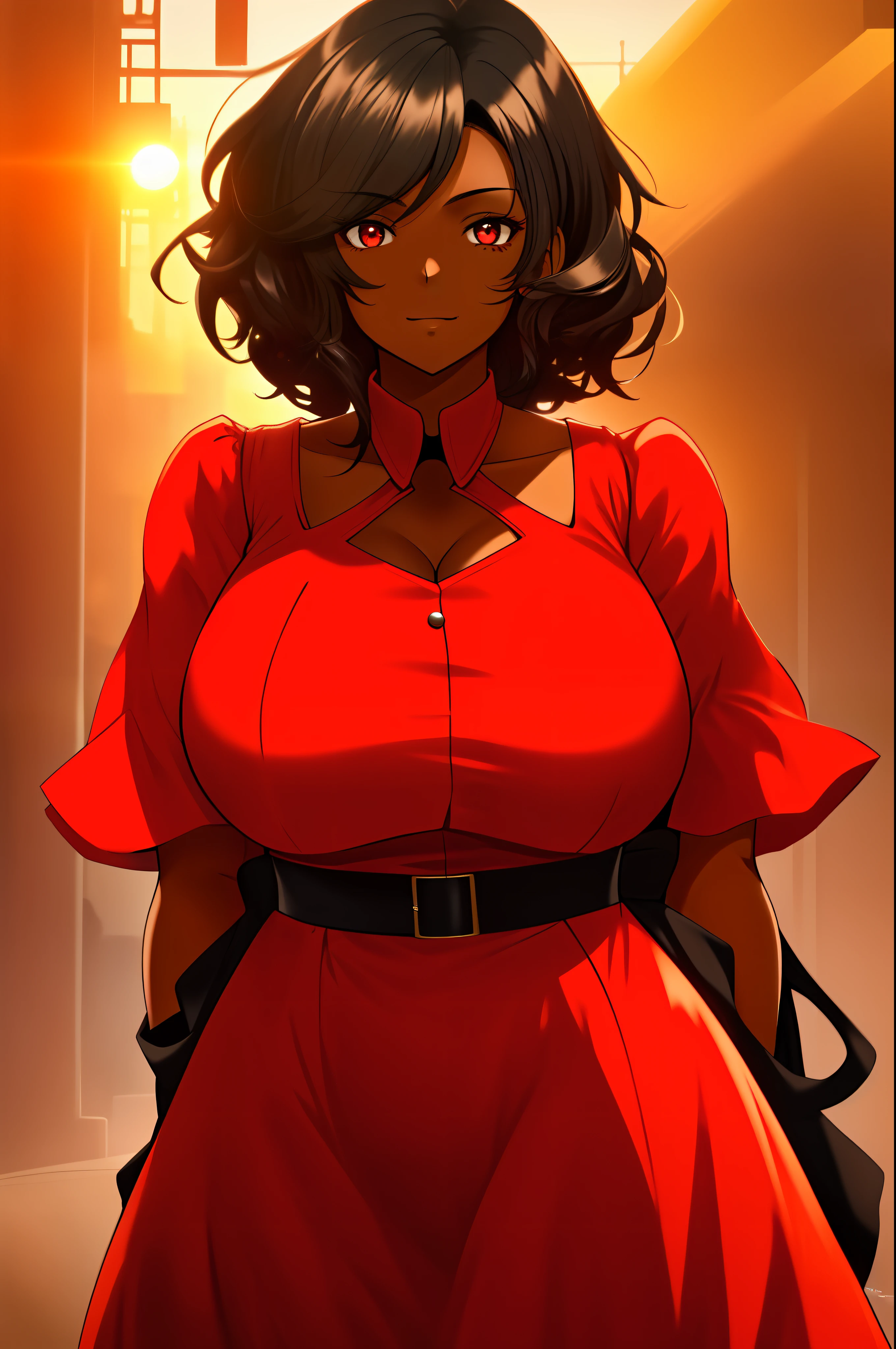 masterpiece, best quality, a mature older black busty girl( dark-skinned female, curvy, body frame and weight, voluptuous body build, very huge breasts, wide hips, thick hips, black dress, red eyes, black hair (waist-length, curled)), next to her daughter(dark-skinned female, petite, short, red eyes, black hair(neck-length, curled), red dress), movie still, 2girls, close-up, bright, happy, warm soft lighting, sunset, (sparks:0.7)
