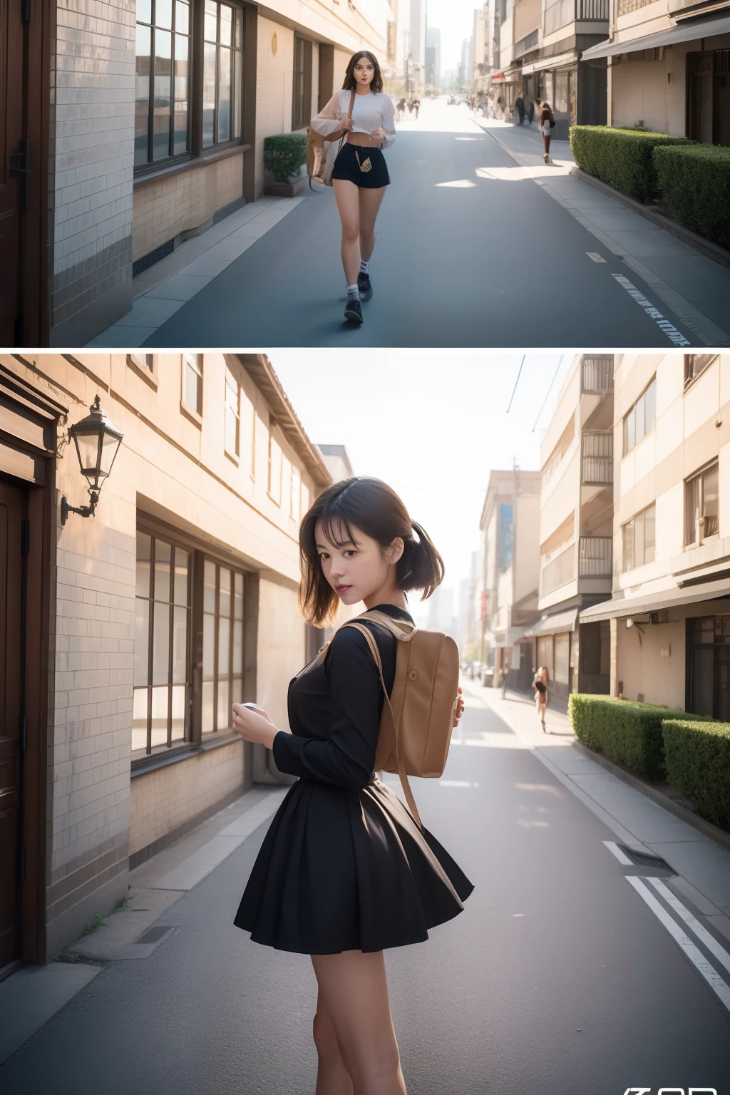 Ad photos with a mix of two different date ranges、Time travel advertising photos taken from different angles、2023 Young Female Model Integrates into 1945 Tokyo Landscape、In the background, Many have been walking since 1945、In the bustling heart of Tokyo, A sweltering afternoon in 1945 AD, Snapshots come alive. Teenagers in the 2023s, Decorated with period fashion, Walk the sunlit streets in calm and stylish 2023 clothes. She is the only time traveler, Full of longing desire for the surrounding landscape, Betrays a hint of embarrassment that she can't completely hide. The heat of the day is palpable, And the afternoon light illuminates her with a golden glow, Cast a shadow dancing with her at each step. Images are captured in the highest quality, Reflecting reality so vividly that it transcends mere vision, Invite viewers to the moment you freeze time, Where emotions and atmospheres are as specific as the scene itself、masterpiece、Photos of the contest winners、Detailed rendering、Photorealistic Tech、High-precision rendering、Synthesis of different eras