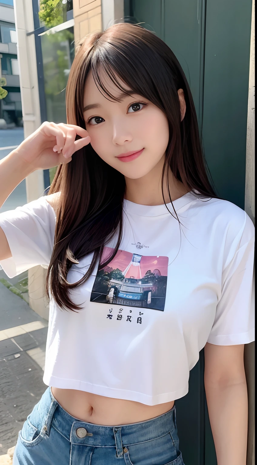 (Raw photography:1.2)、top-quality、Detailed beauty、Beautiful Korean Woman、The most beautiful women in the world、Beautiful sharp face、面長、21years old、A smile、Happy smile、light brown hair、fluffy and voluminous hair、extra detailed face、beatiful detailed eyes、eye line、Nasal nose、a small face、small tits、tiny chest、Road by the sea、lean against the wall、Shooting from a distance、Pointing a finger、open one's legs、Natural sunlight、depth of fields、Blurry background、hight resolution、8k wallpaper、finely detail、Very detailed 8k wallpaper、电影灯光、pretty pose、(photorealisim:1.4)、super detailing、masterpiece、croptop、Small T-shirt、shortpants、hotpants、Pointing a finger
