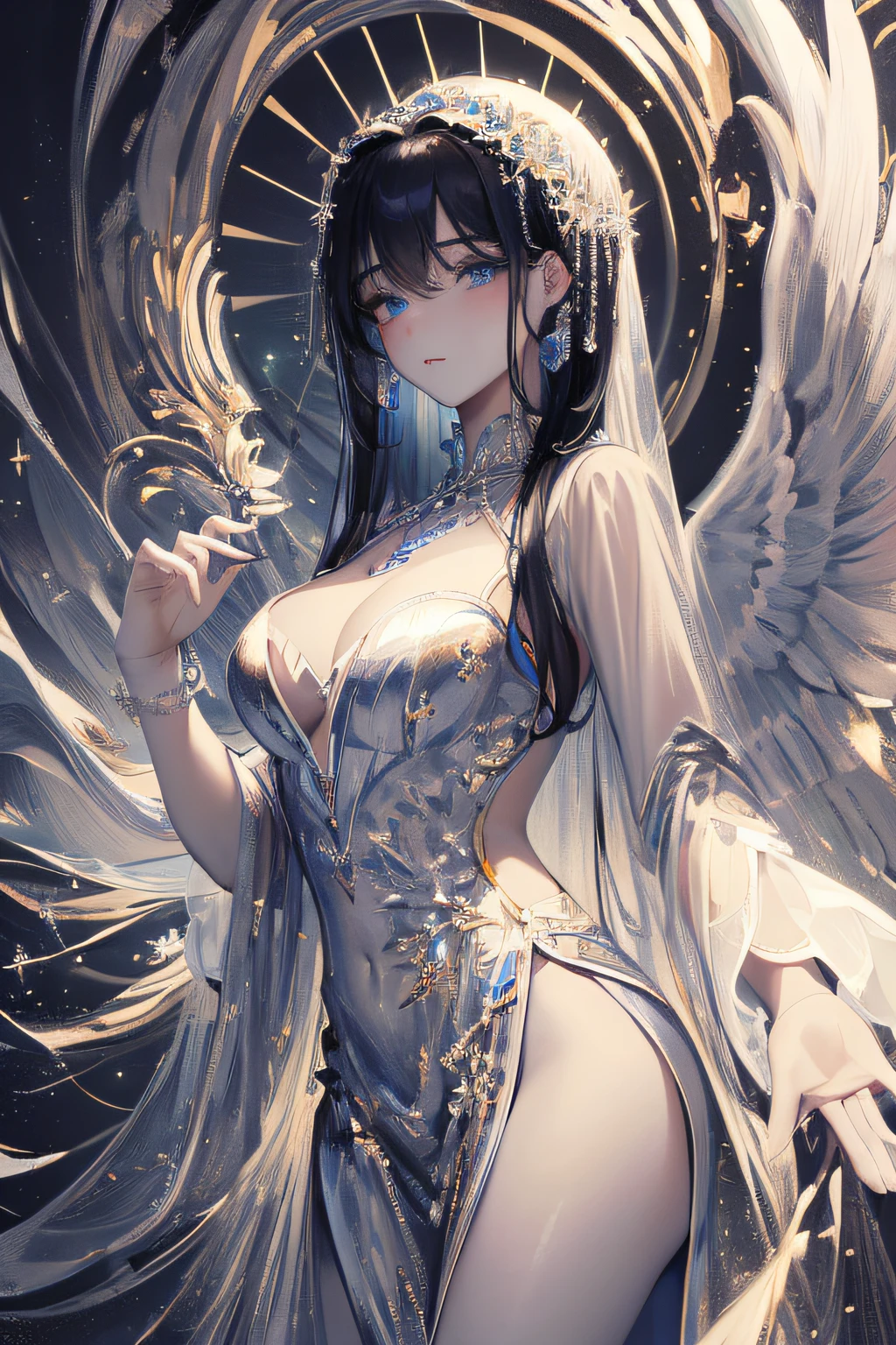 ((Masterpiece, Superb, Super Detailed, High Resolution)), solo, beautiful girl, sparkling eyes, perfect eyes, 15 years old, black and white gold theme,