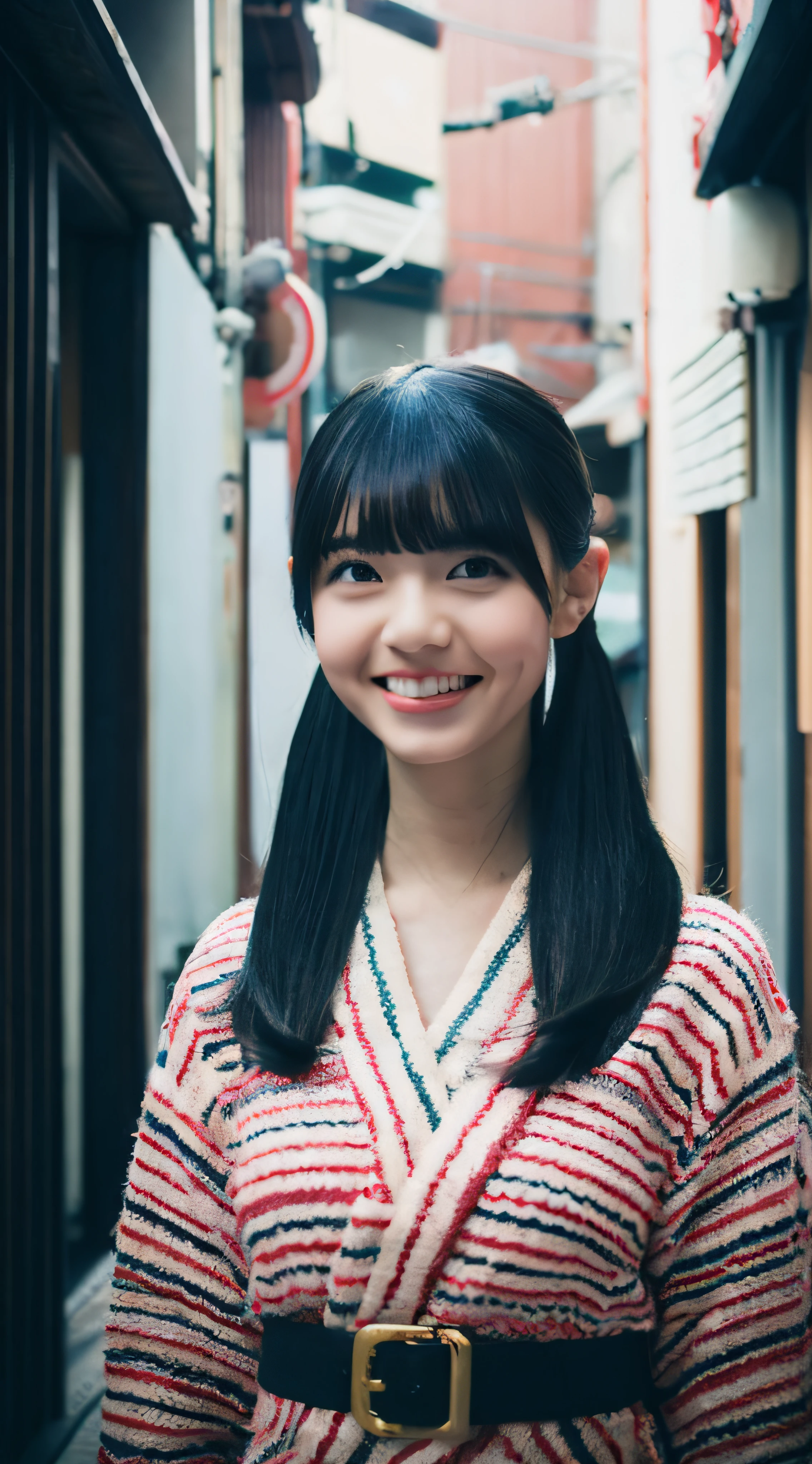 Woman Traveling Japan、fully body photo、ＳＬ、Black hair, hair bobbles, longeyelashes, Solid Circle Eyes, , lightsmile, , surrealism, drop shadow, anaglyph, stereograms,  Atmospheric perspective, 8K, Super Detail, ccurate, Best Quality