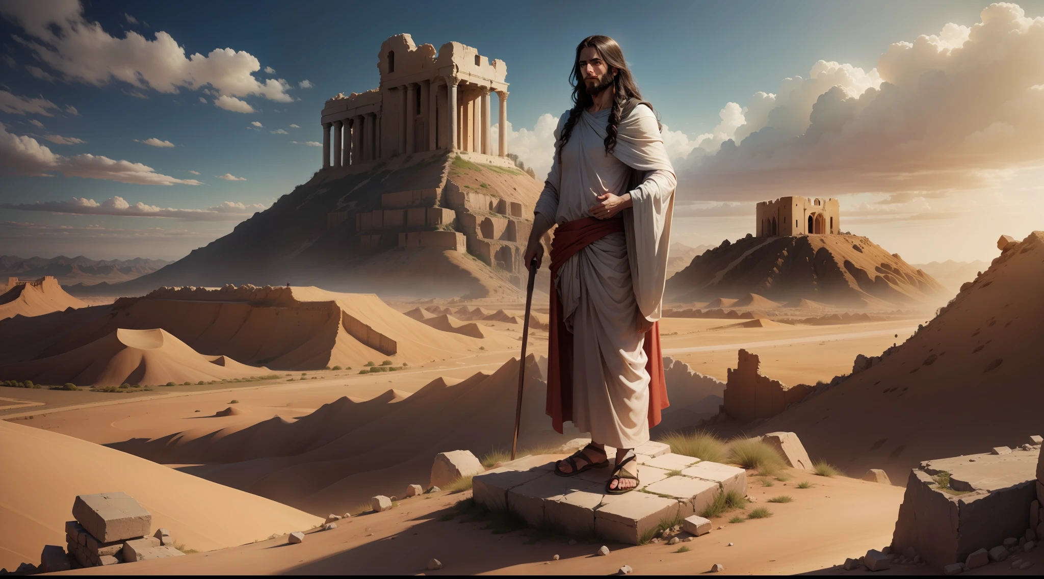 A majestic Jesus Christ stands atop a hill overlooking the ruins of Sodom and Gomorrah.