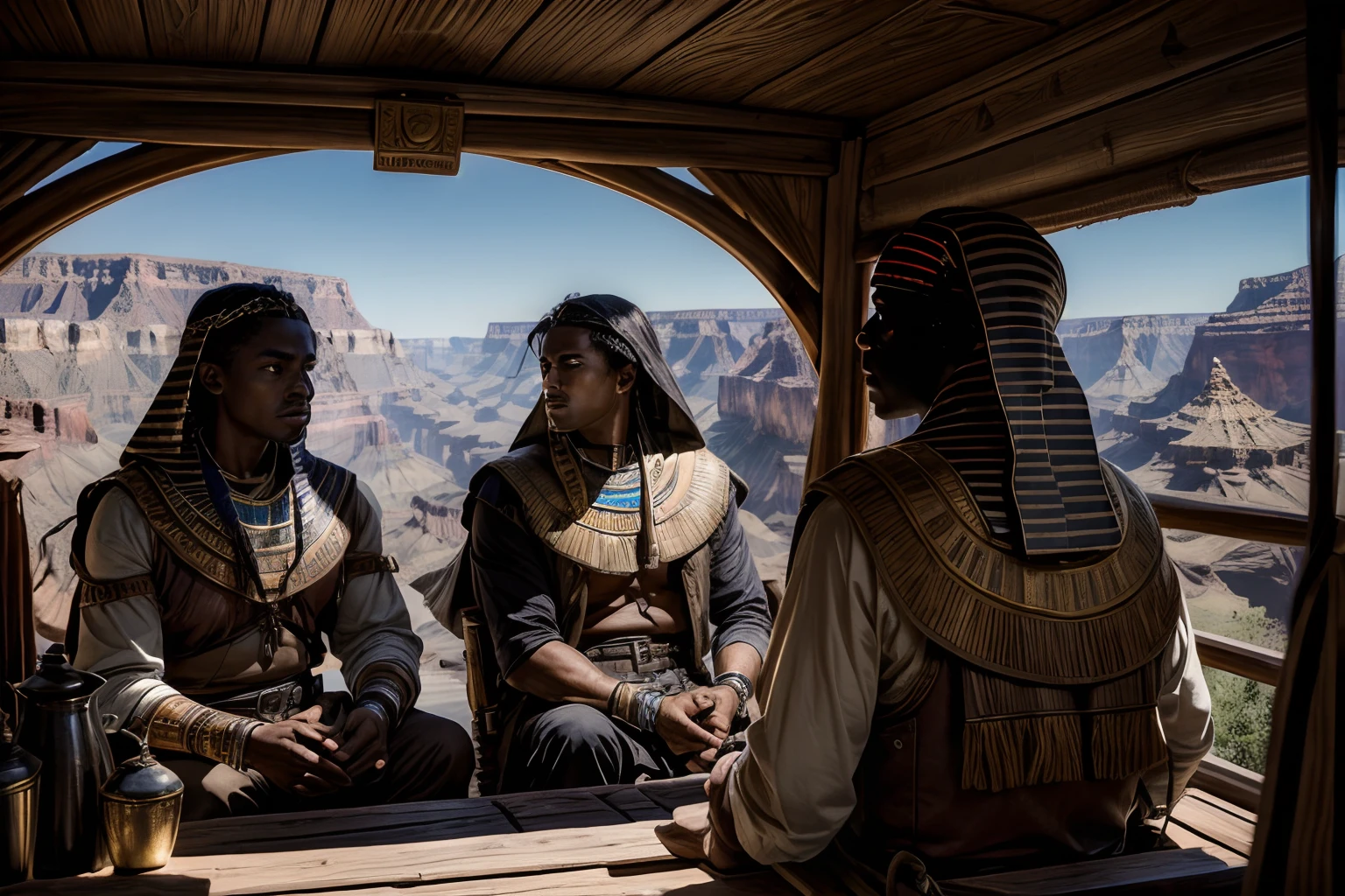 masterpiece, Highly detailed, super realistic, detailed background, bright Lighting, Daylight,
2mens,(20 years old Ancient Egyptian dark skin merchants),
(Two young merchants in a covered wagon traveling at the bottom of the Grand Canyon),