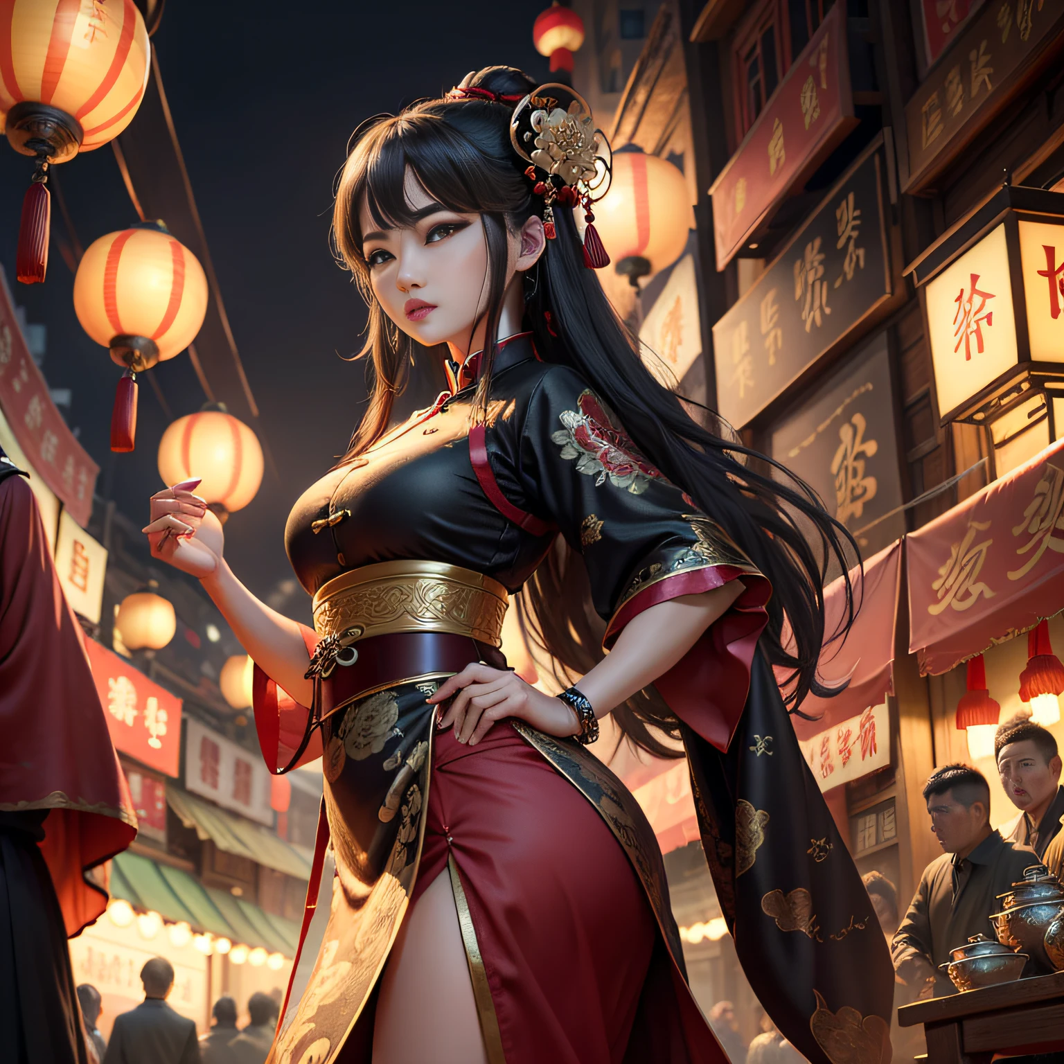 tmasterpiece,A high resolution,8K,absurd res,Complex scenes,Detailed content,CG animation,Large depth of field,Street view of the Tang Dynasty, China,{(Bazaar at night,Vendors on both sides of the street)},From the Chinese mythological story Qixi Festival,Lively scene