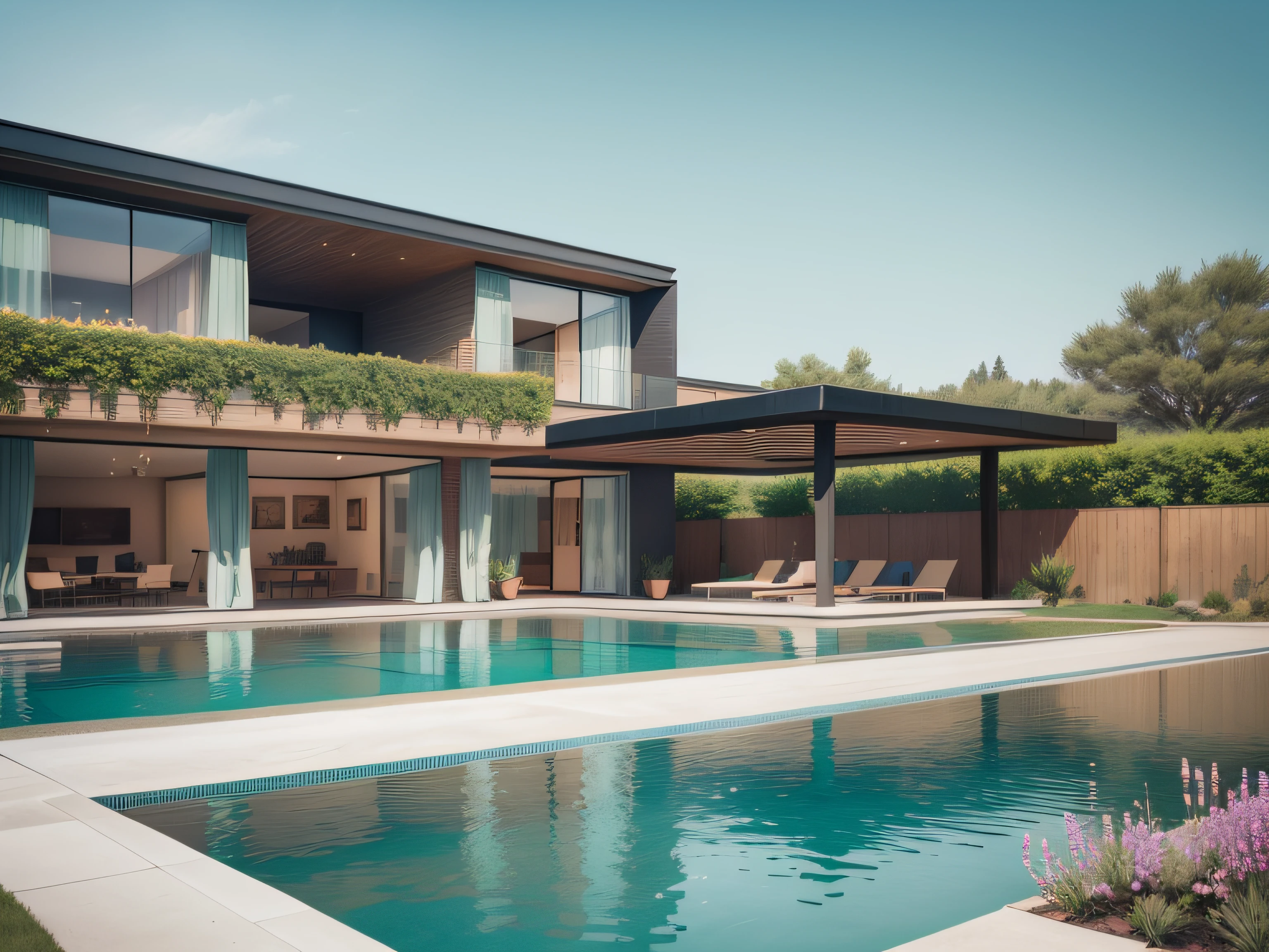 Organic modern architecture on a fairly large plot, from , there is a swimming pool in the middle of a large house of a flower, color of the house in chocolate brown and black beams, large modern residence, flat roofs and garden, render luxcore, render oktane, a photorealistic rendering, architectural rendering, mantra rendering, architectural rendering, realistic rendering, architectural visualization, wellness pool, Architectural visualization, large green zones, with small zones of lavender flowers, green shrubs type lush green garden, as well as small water mirrors, swimming pool embedded in an area of sand, olive and pine trees around the house, paddle court next to the house