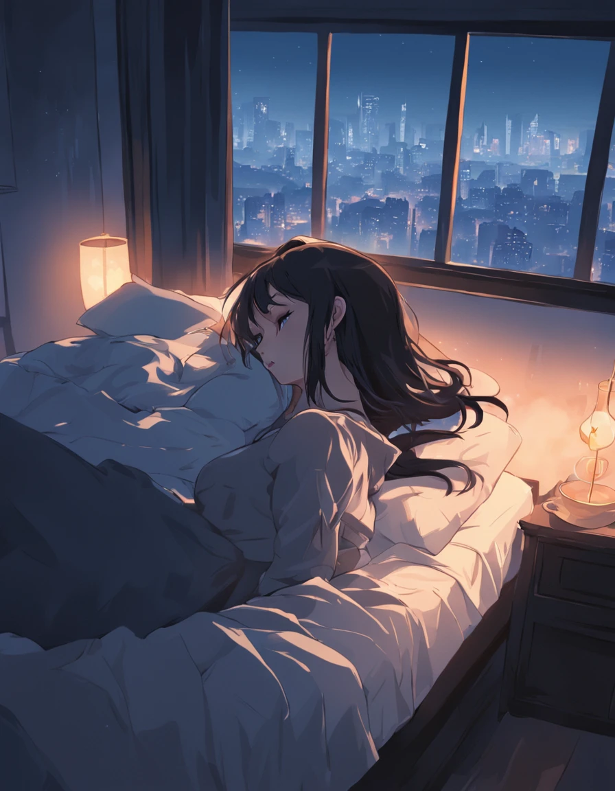 Woman lying on her side on the bed and waking up only her upper body,backshots,, during night, calm night, stylised illustration, Being in a room in a luxury apartment, From the side, stylized silhouette、One stroke、Behind the scenes looking at the city、The upper body is not wearing anything、backs、Wearing a futon up to your waist、A dark-haired、natta、nighttime scene、Rear view、sad、Staring out the window