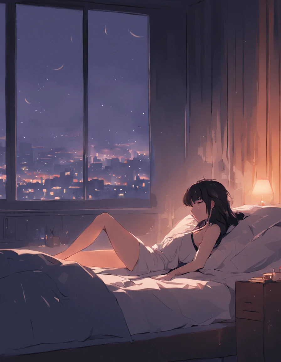 Woman lying on her side on the bed and waking up only her upper body,backshots,, during night, calm night, stylised illustration, Being in a room in a luxury apartment, From the side, stylized silhouette、One stroke、Behind the scenes looking at the city、The upper body is not wearing anything、backs、Wearing a futon up to your waist、A dark-haired、natta、nighttime scene、Rear view、sad、Staring out the window