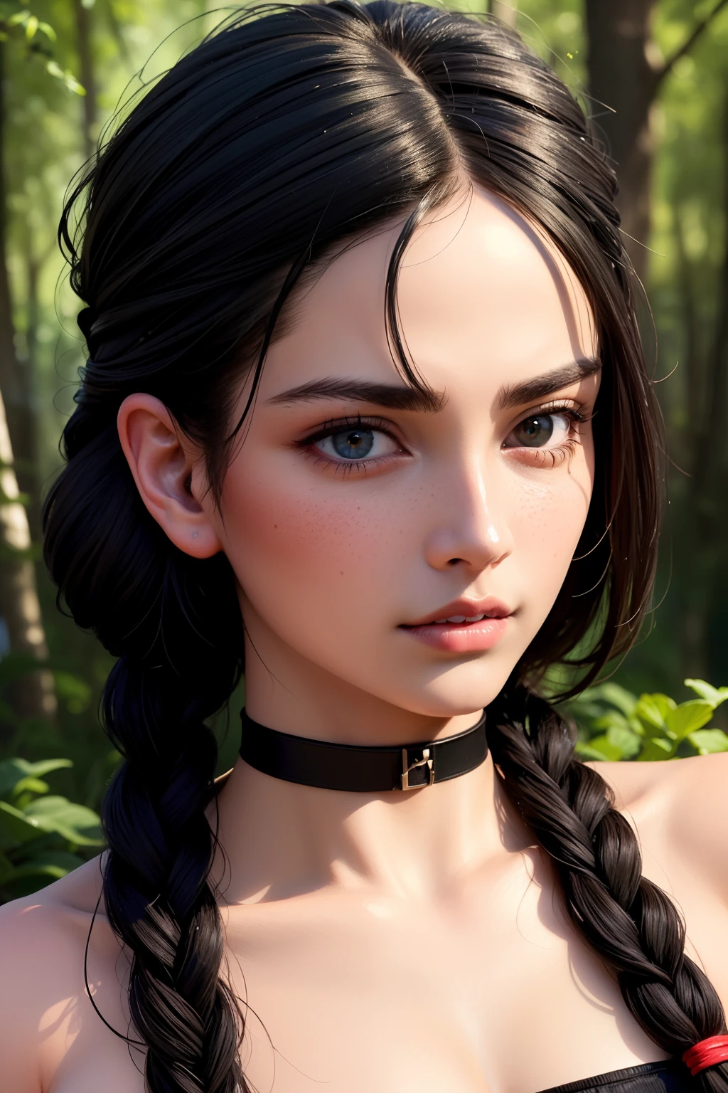 masterpiece, solo, highly detailed, ultra-detailed, ultra high res, (photorealistic:1.333), (best quality), (best shadow),detailed, perfect lighting, dark brown dreadlocks, very long hair, braids, [face freckles], (blue eyes), choker, smokey make up,  close up, portrait, in a forest,