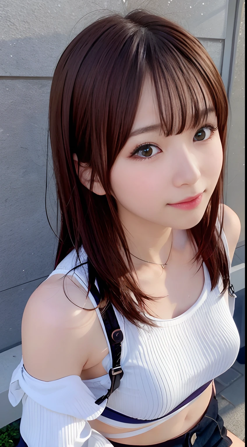 (Raw photography:1.2)、top-quality、Detailed beauty、Beautiful Korean Woman、The most beautiful women in the world、Beautiful sharp face、面長、21years old、A smile、Happy smile、light brown hair、fluffy and voluminous hair、extra detailed face、beatiful detailed eyes、eye line、Nasal nose、a small face、small tits、tiny chest、Road by the sea、lean against the wall、Shooting from a distance、Pointing a finger、open one's legs、Natural sunlight、depth of fields、Blurry background、hight resolution、8k wallpaper、finely detail、Very detailed 8k wallpaper、电影灯光、pretty pose、(photorealisim:1.4)、super detailing、masterpiece、croptop、Small T-shirt、shortpants、hotpants、Pointing a finger