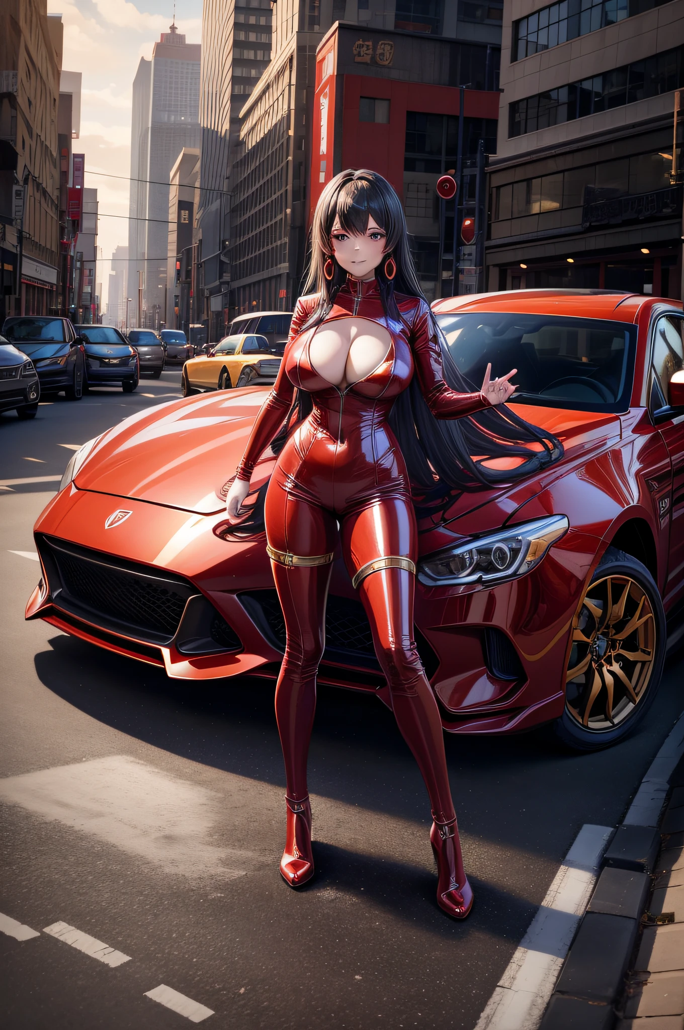 there is a woman in a Red and gold latex outfit posing in a city, highly detailed giantess shot, giantess art, giantess, extremely detailed giantess shot, giantess shot, badass anime 8 k, macro giantess, oppai 4k konachan wallpaper, crushing a car