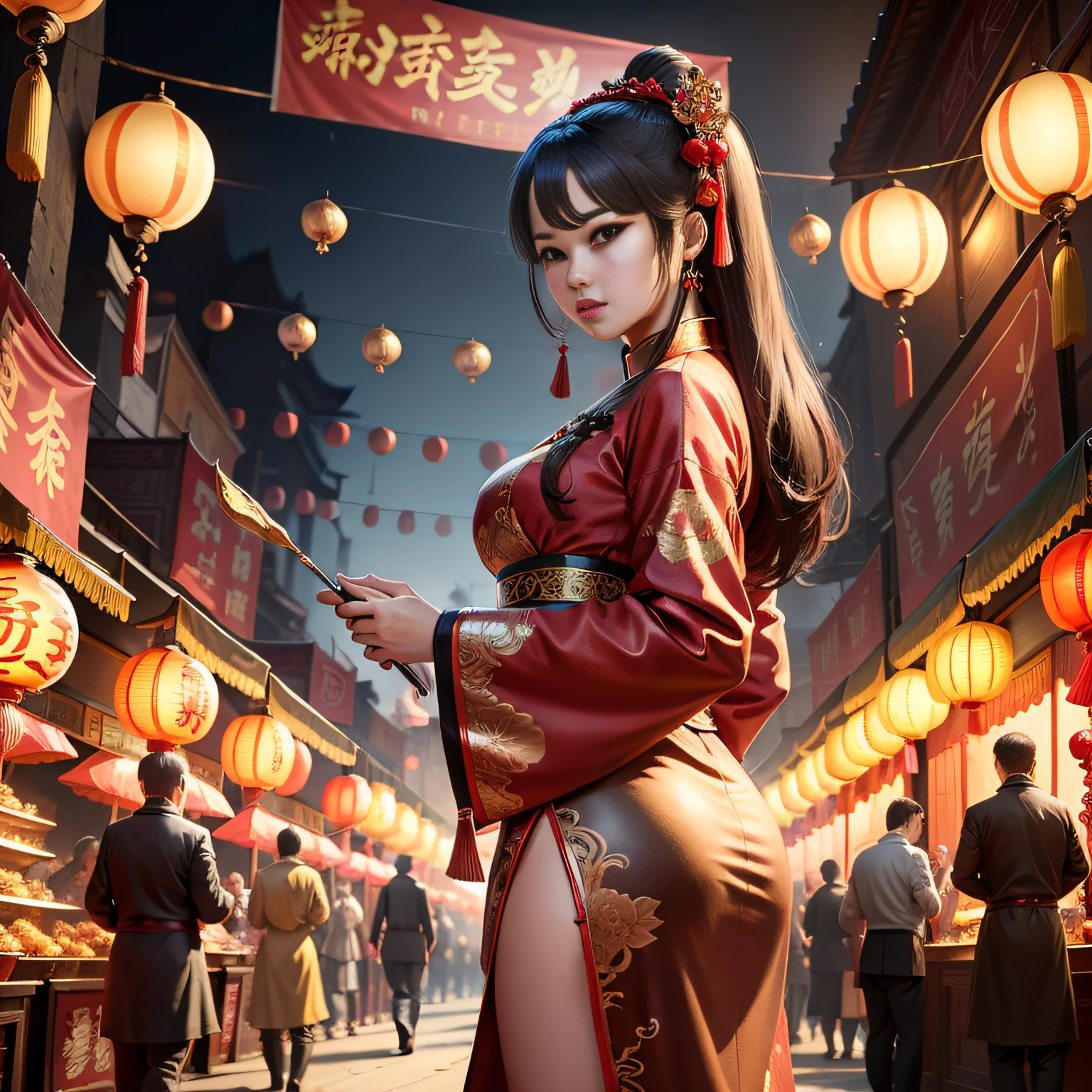 tmasterpiece,A high resolution,8K,absurd res,Complex scenes,Detailed content,CG animation,Large depth of field,Street view of the Tang Dynasty, China,Bazaar at night,Vendors on both sides of the street,From the Chinese mythological story Qixi Festival,Lively scene,