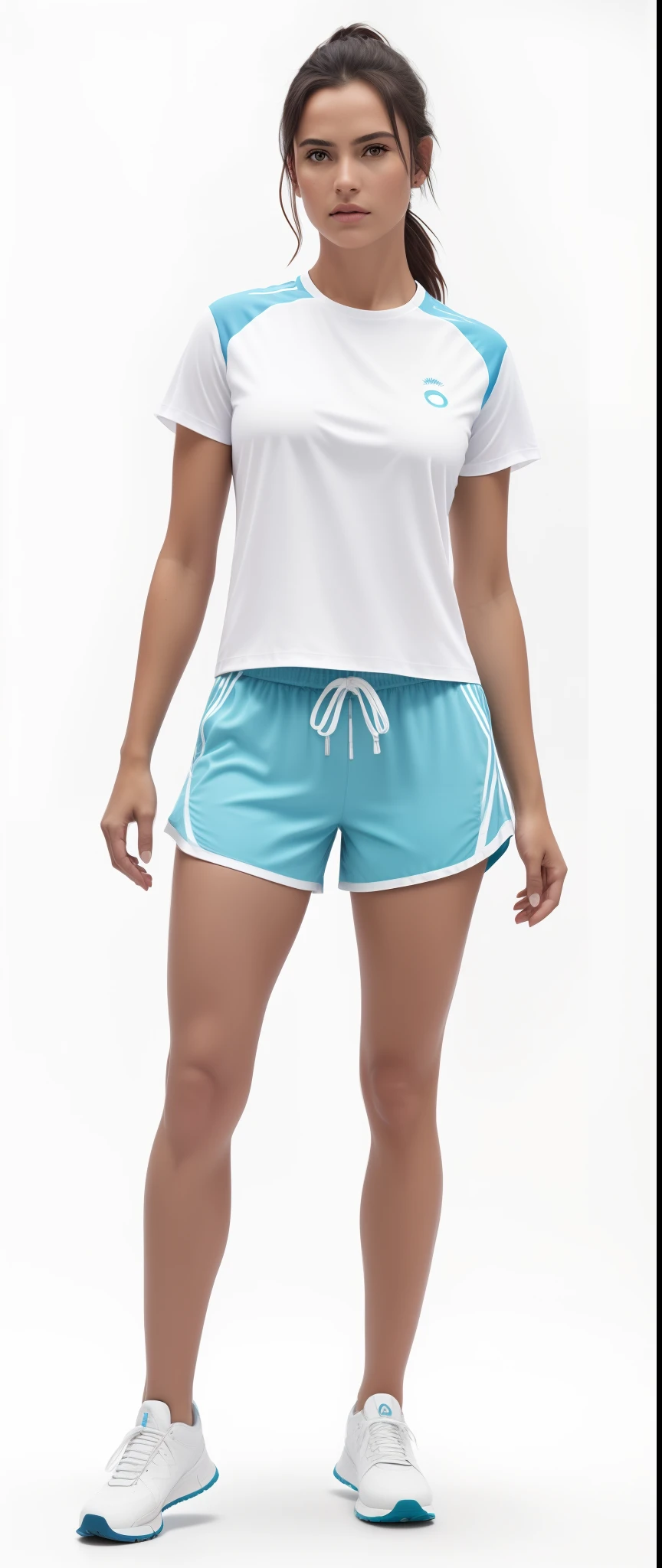 A beautiful woman in a white shirt and blue shorts stands in front of a white background, athletic shorts, sport shorts, tamanho curto, blue shorts, baixa estatura, Asa curta!!, white and teal garment, roupas esportivas, roupas esportivas, Bermuda, Asa curta, short pants, short shorts, curto, pernas tonificadas, unique design, 5 mil, 5k, fotografiarrealista, fotografia, obra-prima, realista, Realismo, renderizado, Alto contraste, Arte Digital, fotográficorealista, trend in Artstation 8k HD, high definiton, circunstanciado, Realistic, detalhada, textura da pele, hiperdetalhada, Textura realista da pele, melhor qualidade, ultra high-resolution, (fotografiarrealista: 1.4), alta resolução, detalhada, fotografia crua, sharp resolution, Nikon D850 filmes, fotografia de stock 4, Kodak Portra 400 Camera F1 Lens.6, textura hiper realista, lighting dramatic, Unrealistic trend in Artstation Cinestill 800, .RAW, Directed by: Lee Jeffries.