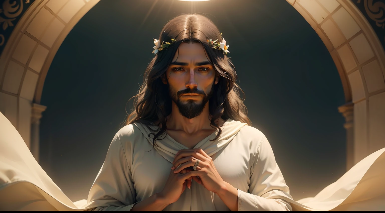 high-definition image depicting Jesus Christ. A imagem deve ser realista, with a careful representation of facial features and general appearance according to traditional description. Jesus is to be portrayed in a serene and enlightened setting, perhaps with a halo of soft light around his head. Your characteristics should reflect compassion, serenidade e sabedoria. The image should have sharp detail and vibrant colors, conveying a sense of tranquility and spirituality. Image resolution must be at least 4K, ensuring a clear reproduction of every detail."