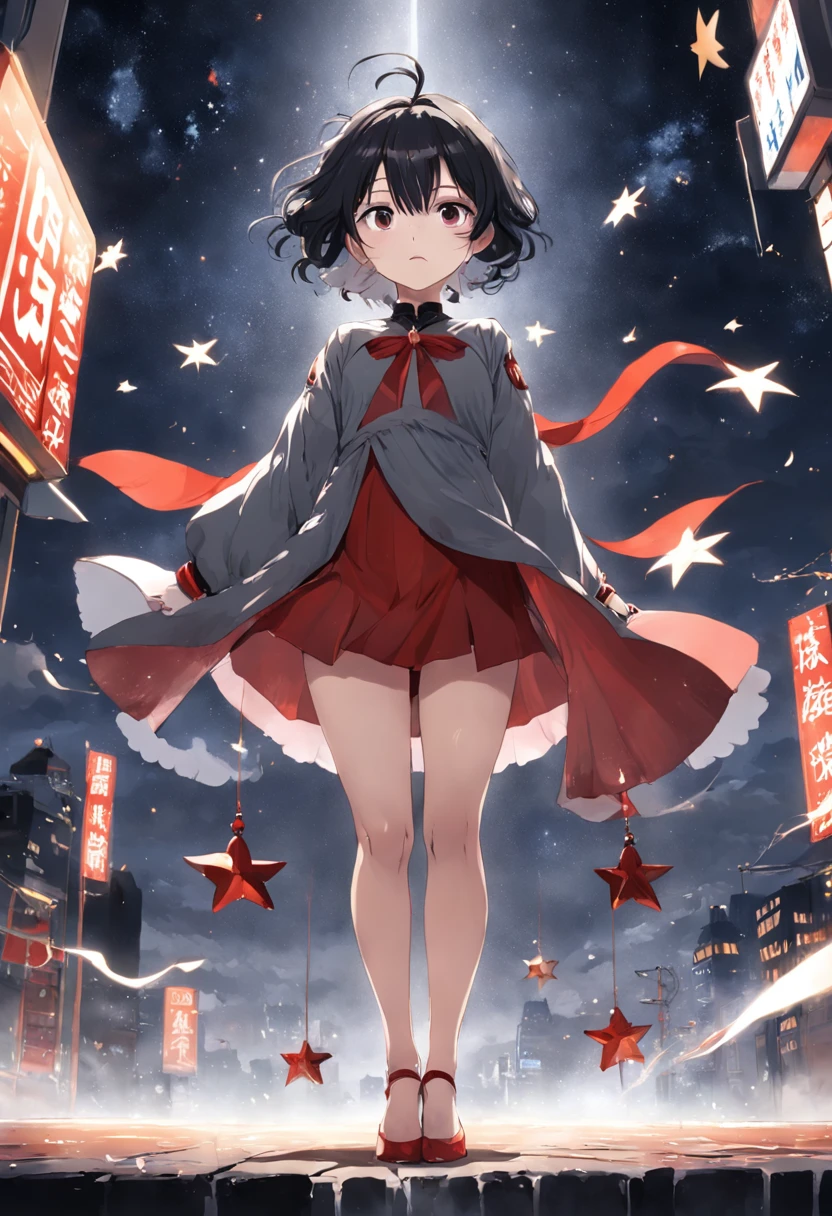 Gray-black background，The girl stands upside down in the middle of the picture，Feeling of falling，with short black hair，But the ends of the hair are white，Wearing a short red dress，There are gray tassel decorations，There is a star-shaped pendant on the left ear，At the bottom of the frame is a steel building，Traffic lights flashing at the edge of the building，At the top of the picture is the Milky Way。