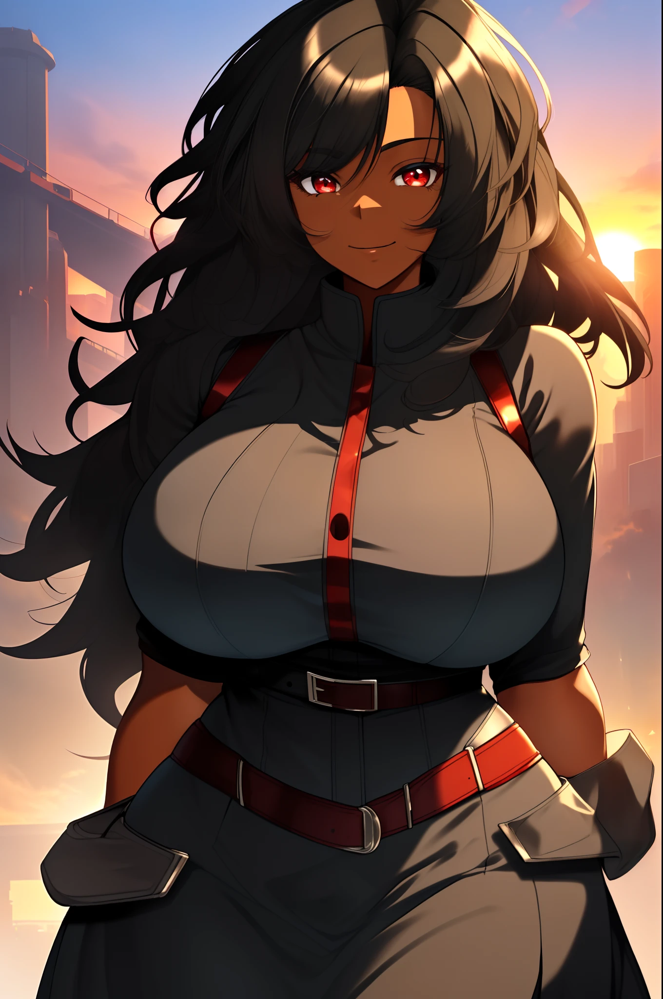 masterpiece, best quality, a mature older black busty shortstack girl( dark-skinned female, curvy, body frame and weight, voluptuous body build, very huge breasts, wide hips, thick hips, black dress, red eyes, black hair (waist-length, curled)), movie still, close-up, bright, happy, warm soft lighting, sunset, (sparks:0.7)