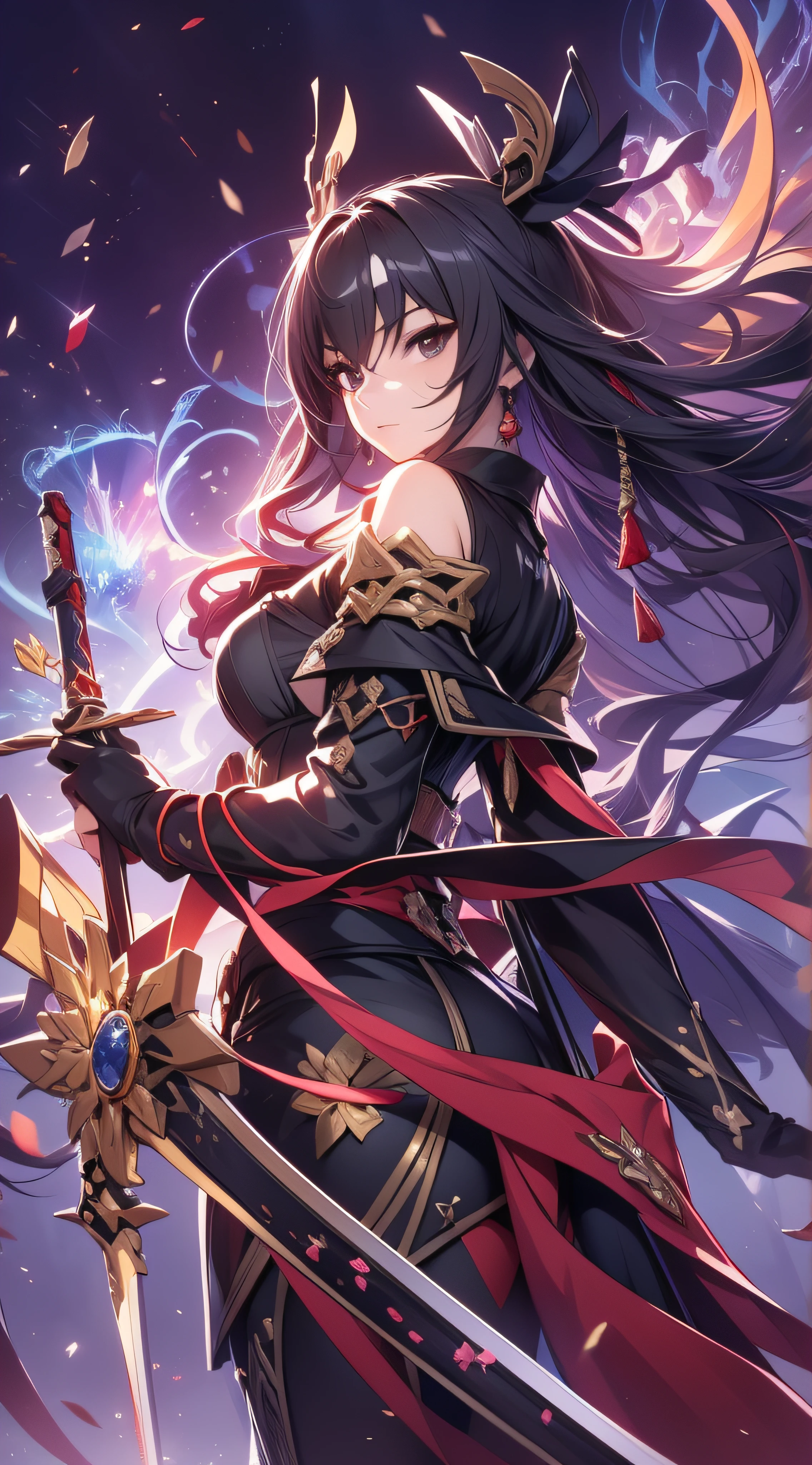 Anime figure，Dark villain，Beauty front face，Long hair flying，Spark ashes burn，The samurai held a sword, Wear contrasting armor, Magical Woman Skeleton Full Images,the original god, demon anime girl, fantasy paladin man, Dragon Knight,Spread your black feathered wings，Move Genshin Impact, Anime 8 k, Anime fantasy illustration, Genshin Impact, Tough and cold character, Detailed key anime art, Ayaka Genshin impact, onmyoji portrait，Close-up with a bow and arrow, Comic book epic artwork, Epic fantasy digital art style,Epic fantasy art style, 8K high quality detailed art, Epic fantasy art style HD, Faraway view，A golden glowing magic array behind him，Purify the flame，HD anime visuals，full portrait of magical knight