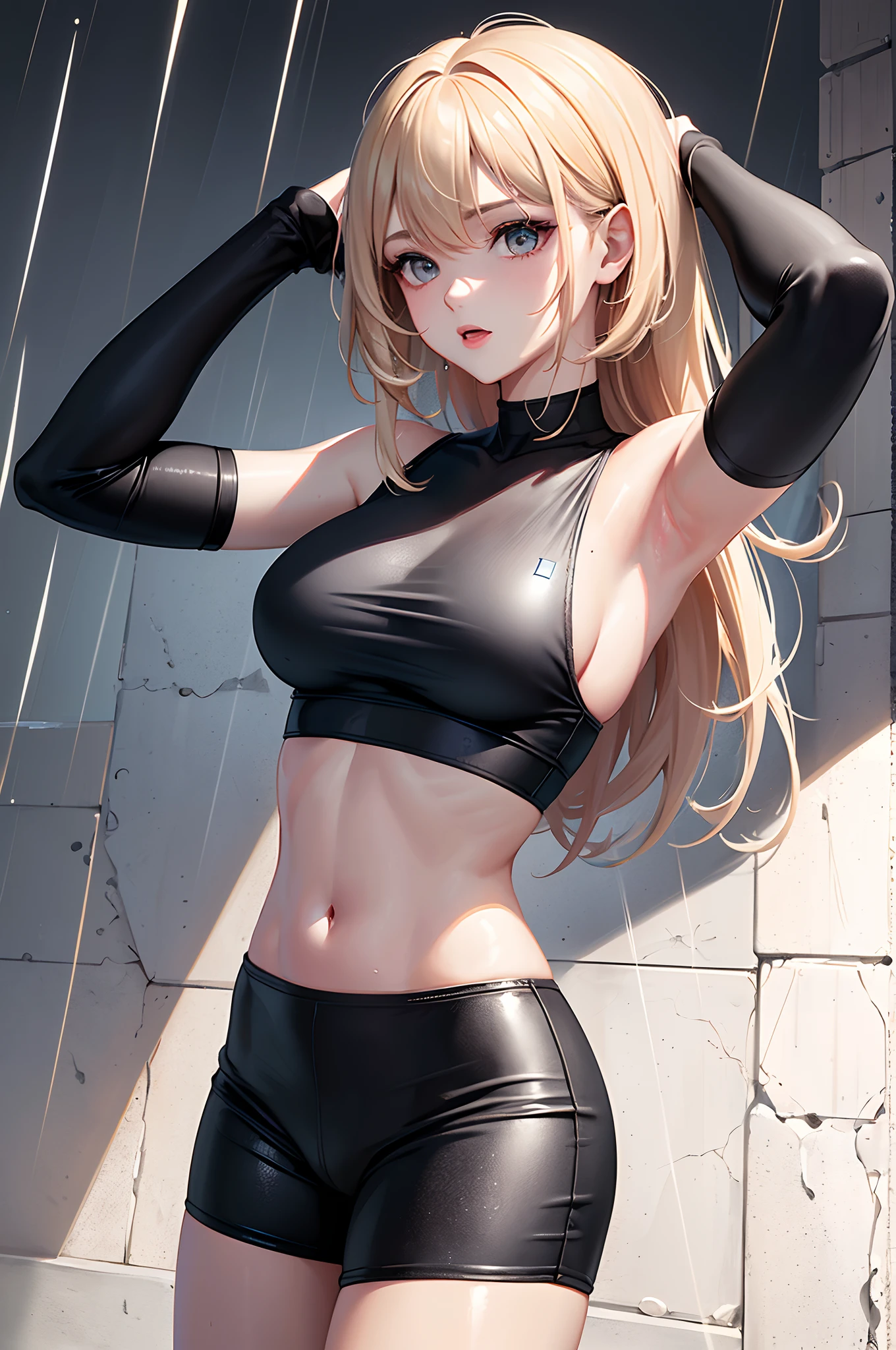 ((Best Quality, 8K, Masterpiece:1.3)), Focus:1.2, Perfect Body Beauty:1.4, Buttocks:1.2, ((Layered Haircut, Breasts:1.2)), (Wet Clothes:1.1) , (Rain, Street:1.3), (Loose Crop Top :1.5), (Loose Top with Highly Detailed Face and Skin Texture, Fine Eyes, Double Eyelids, Whitening Skin, Long Hair, (Shut Up: 1.3)