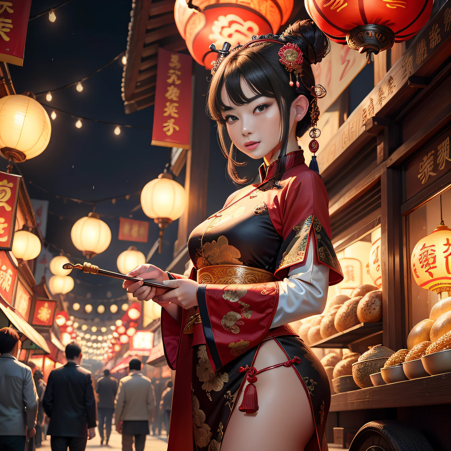 tmasterpiece,A high resolution,8K,absurd res,Complex scenes,Detailed content,CG animation,Large depth of field,Street view of the Tang Dynasty, China,{(Bazaar at night,Vendors on both sides of the street)},From the Chinese mythological story Qixi Festival,Lively scene,ancient Chinese costume