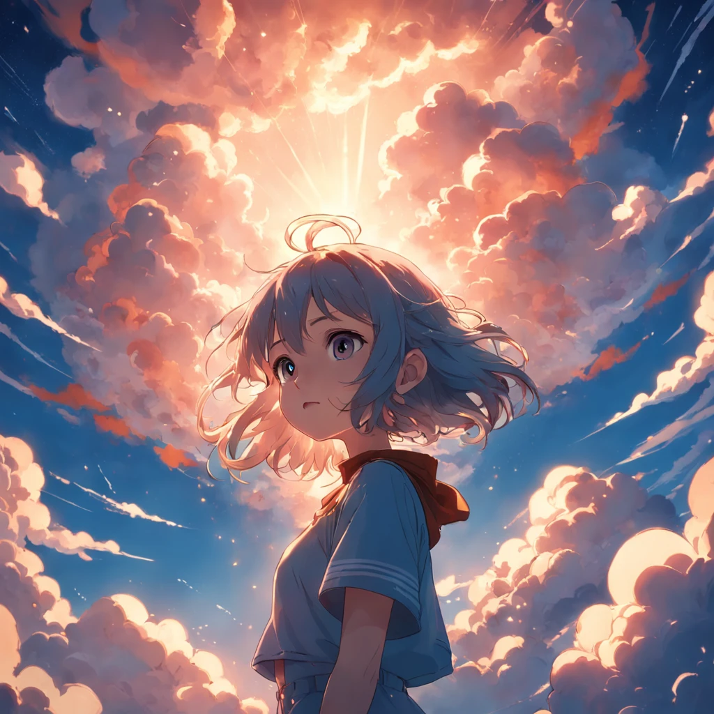masterpiece, best quality, movie still, 1girl, cloud girl, floating in the sky, close-up, bright, happy, warm soft lighting, sunset, (sparks:0.7)