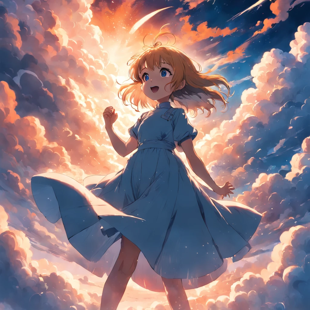 masterpiece, best quality, movie still, 1girl, cloud girl, floating in the sky, close-up, bright, happy, warm soft lighting, sunset, (sparks:0.7)