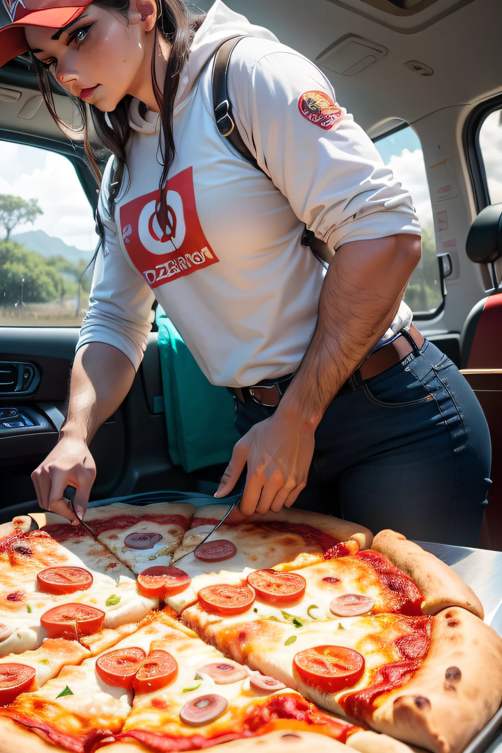 uma imagem de uma pizza sendo carregada com um trailher voador com bastante cores, ceu, passaros, iingredientes de pizza