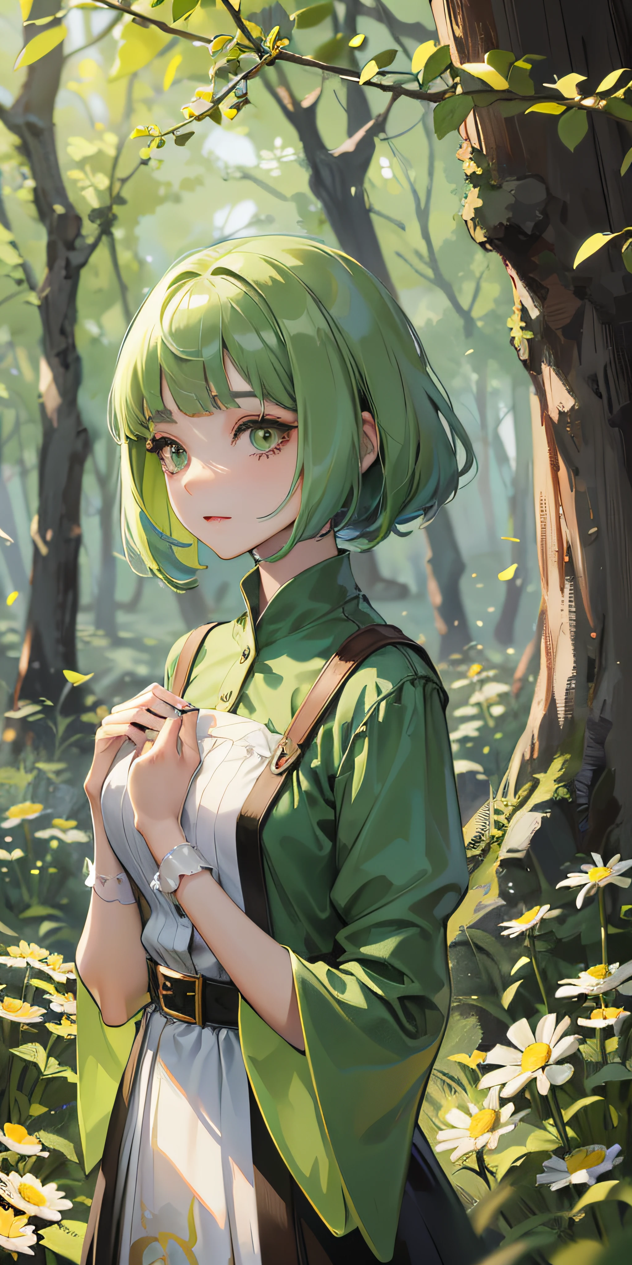 Certainly, Here is the explanation in English: "Adorable young woman with bob hairstyle, Her hair is a moss green shade. She wears a costume inspired by a forest girl, Standing against the background of chamomile meadow. The images are designed in anime persona style.  Chamomile confetti