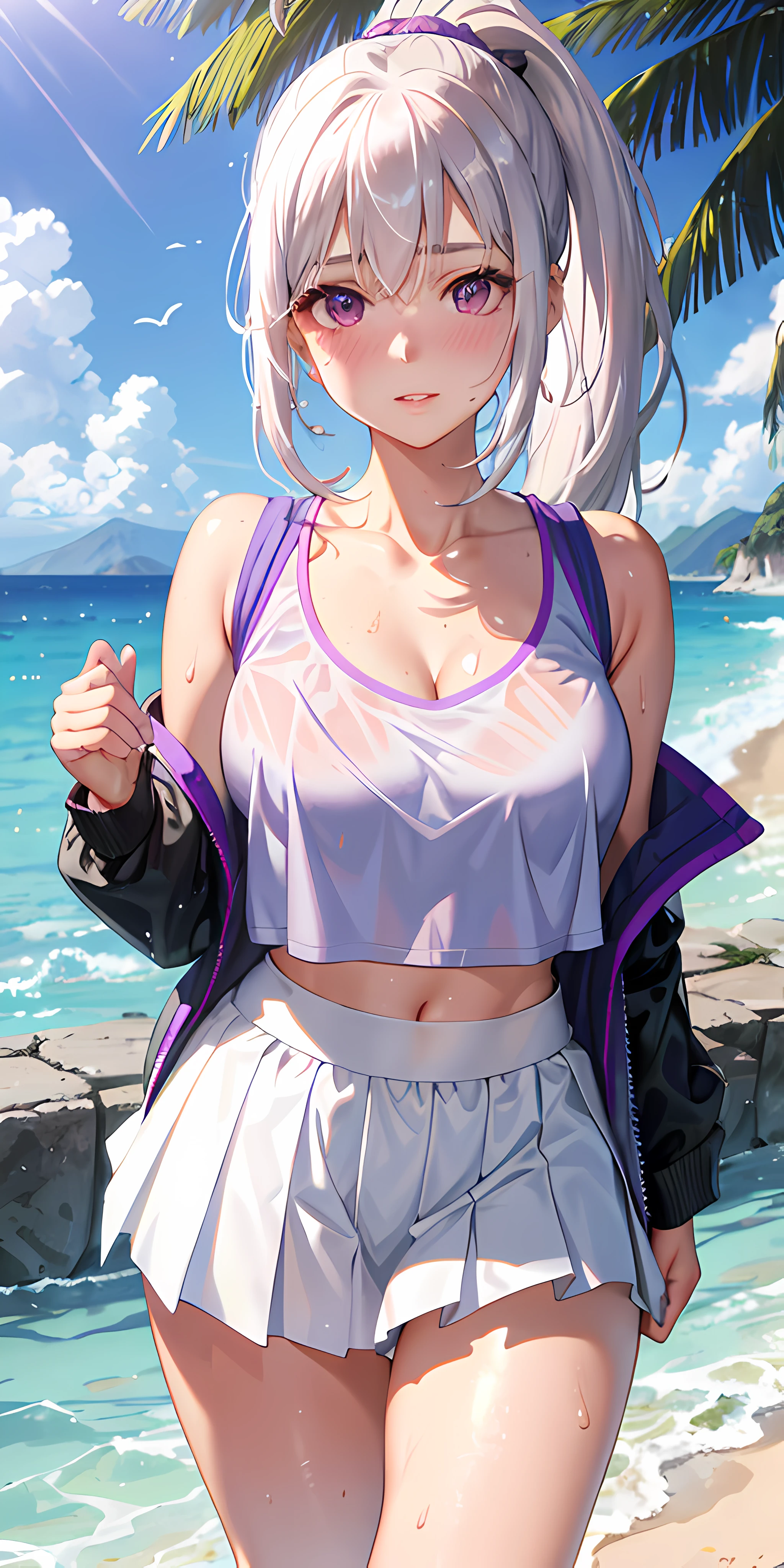 realistic, 1girl, ponytail, parted lips, blush, makeup, light smile, white hair, sportswear, skirt, wet clothes, glow, thighs, purple eye, bare shoulders, collarbone, narrow waist, sunbeam, sunlight, rose, wind, cleavage, (masterpiece), sweat,