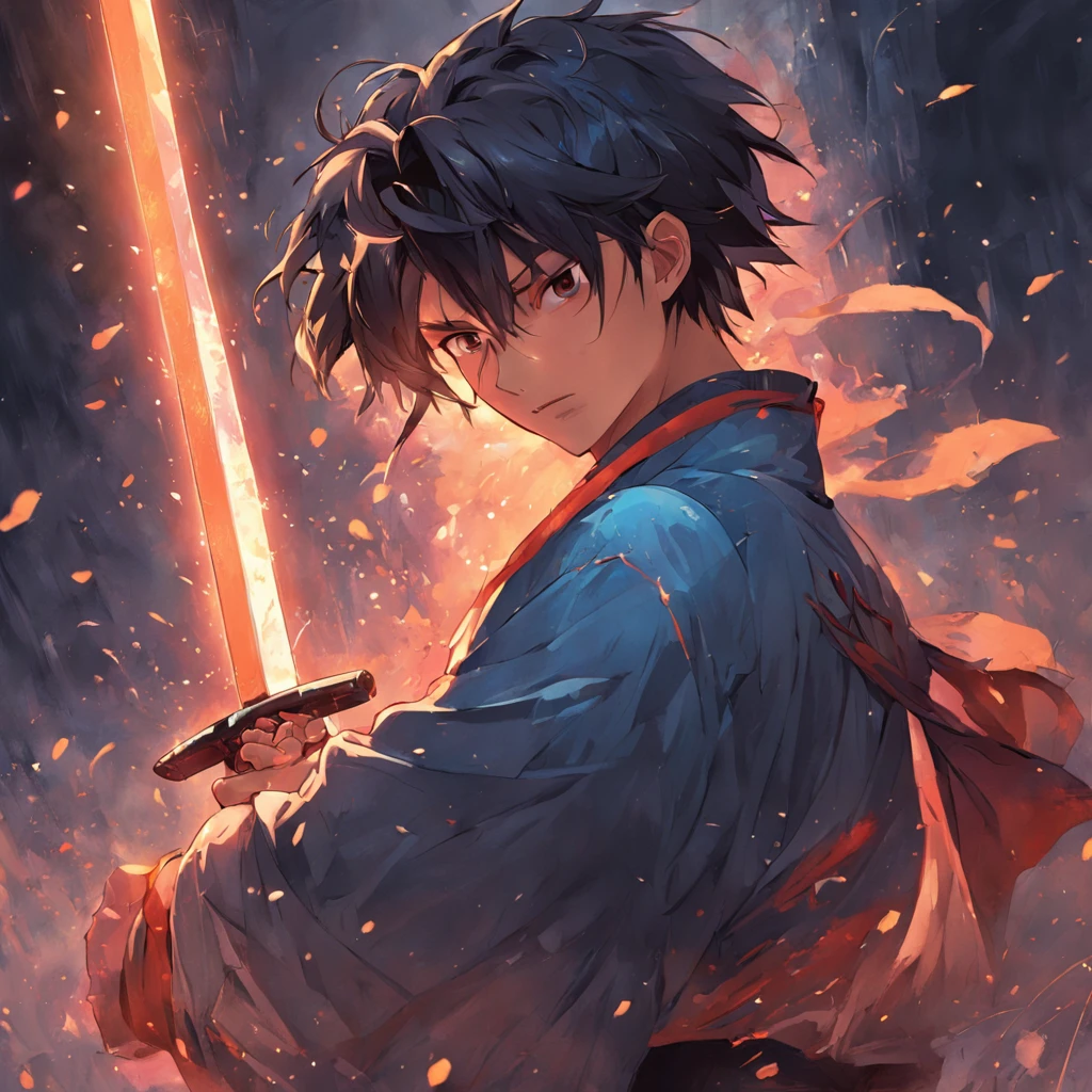 Best quality, Masterpiece, 超高分辨率, (photograph realistic:1.4), Dream-like,fusionart, A man holds a sword, Handsome Asian face Twenty-seven years old