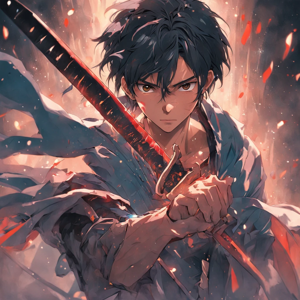 Best quality, Masterpiece, 超高分辨率, (photograph realistic:1.4), Dream-like,fusionart, A man holds a sword, Handsome Asian face Twenty-seven years old
