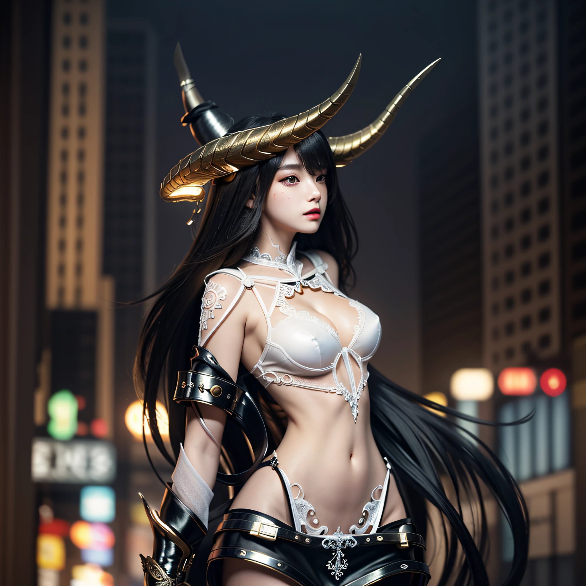 (Masterpiece:1.2), best quality, (illustration:1.2), (ultra-detailed), hyper details, (delicate detailed), (intricate details), (cinematic light, best quality Backlights), clear line, from below, soloist, perfect body, (1girl), realistic girl with horns and a black dress standing in front of a city, hair covering one eye