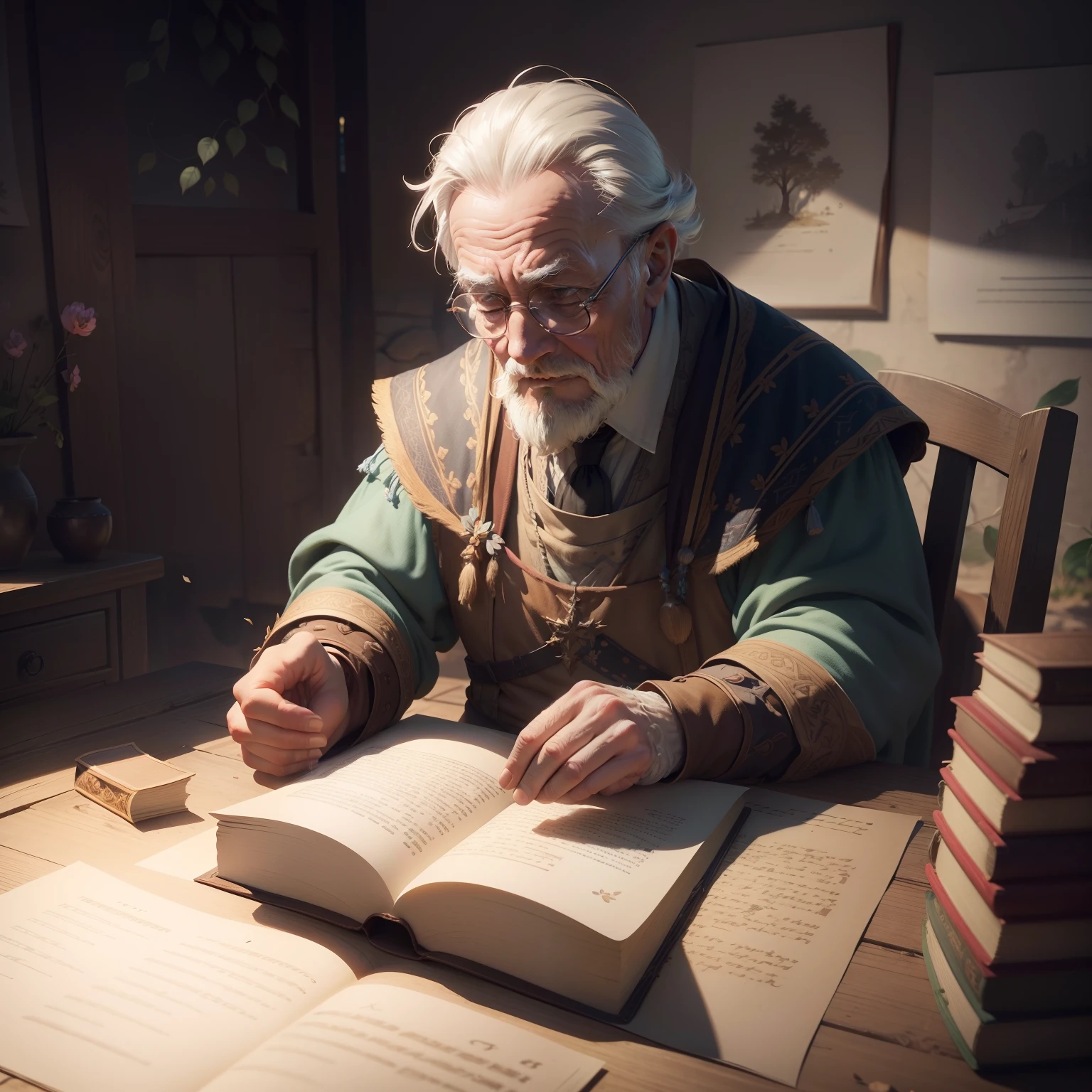 X XT60FP Create Prompts Copy Prompts Masterpiece, best quality, (very detailed CG unity 8k wallpaper) (best quality), (best illustration), (best shadows) A wise old man with a book, teaching children, a small town medieval, delicate leaves of multicolored petals falling in the air, ray tracings, Ultra Detailed, Aerial View