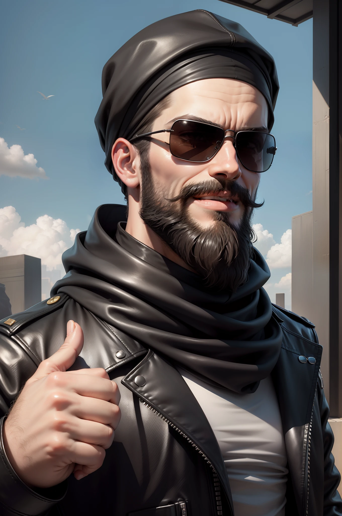 One wears black sunglasses,Man with cloth headscarf, It can be said to be, There is a beard, Unruly smiley face, thumb up, dressed in leather jacket, Look straight into the distance。, sunglasses, insane, Smug, A high resolution, 1080p